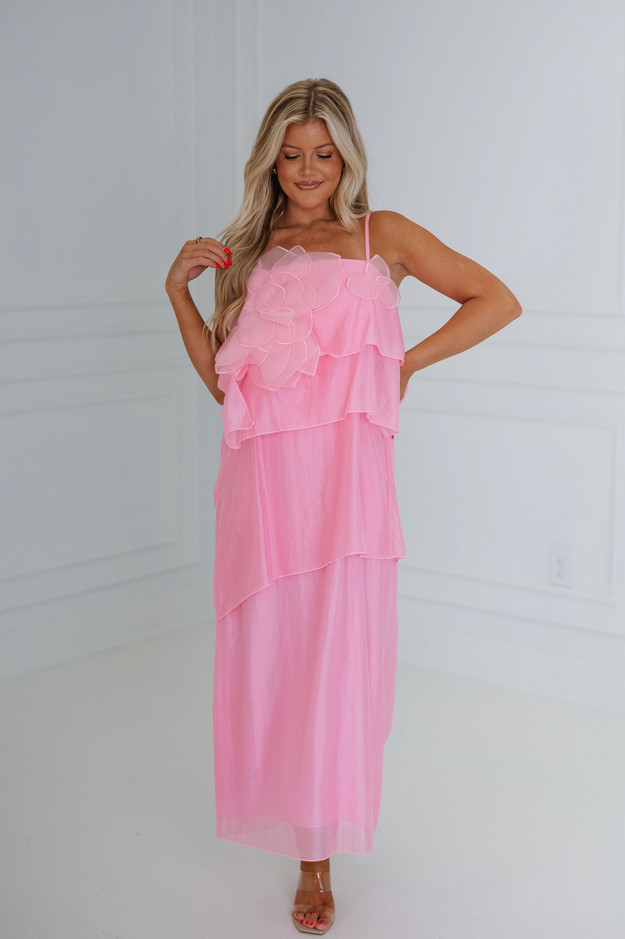 Dominique Floral Applique Tiered Maxi Dress-Pink