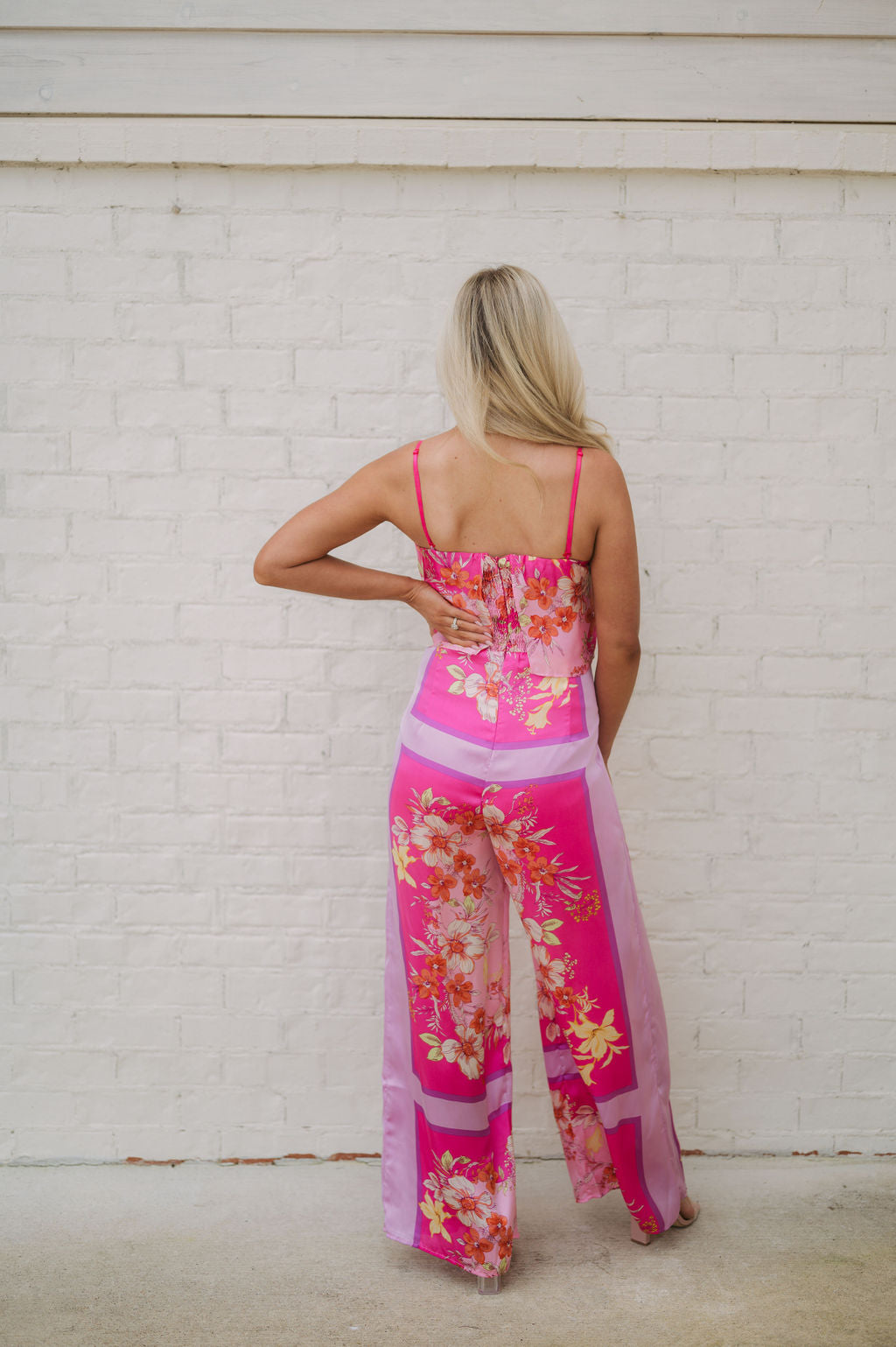 Floral Printed Satin Jumpsuit-Pink Multi