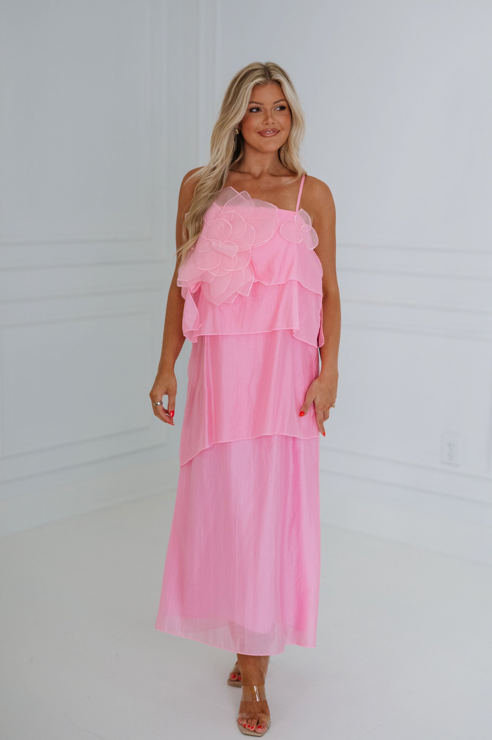 Dominique Floral Applique Tiered Maxi Dress-Pink