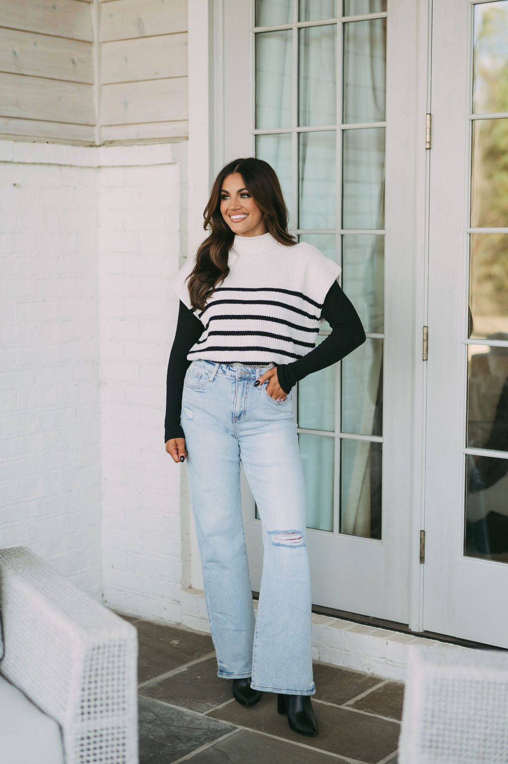 Power Shoulder Striped Sweater Vest- Cream/Black