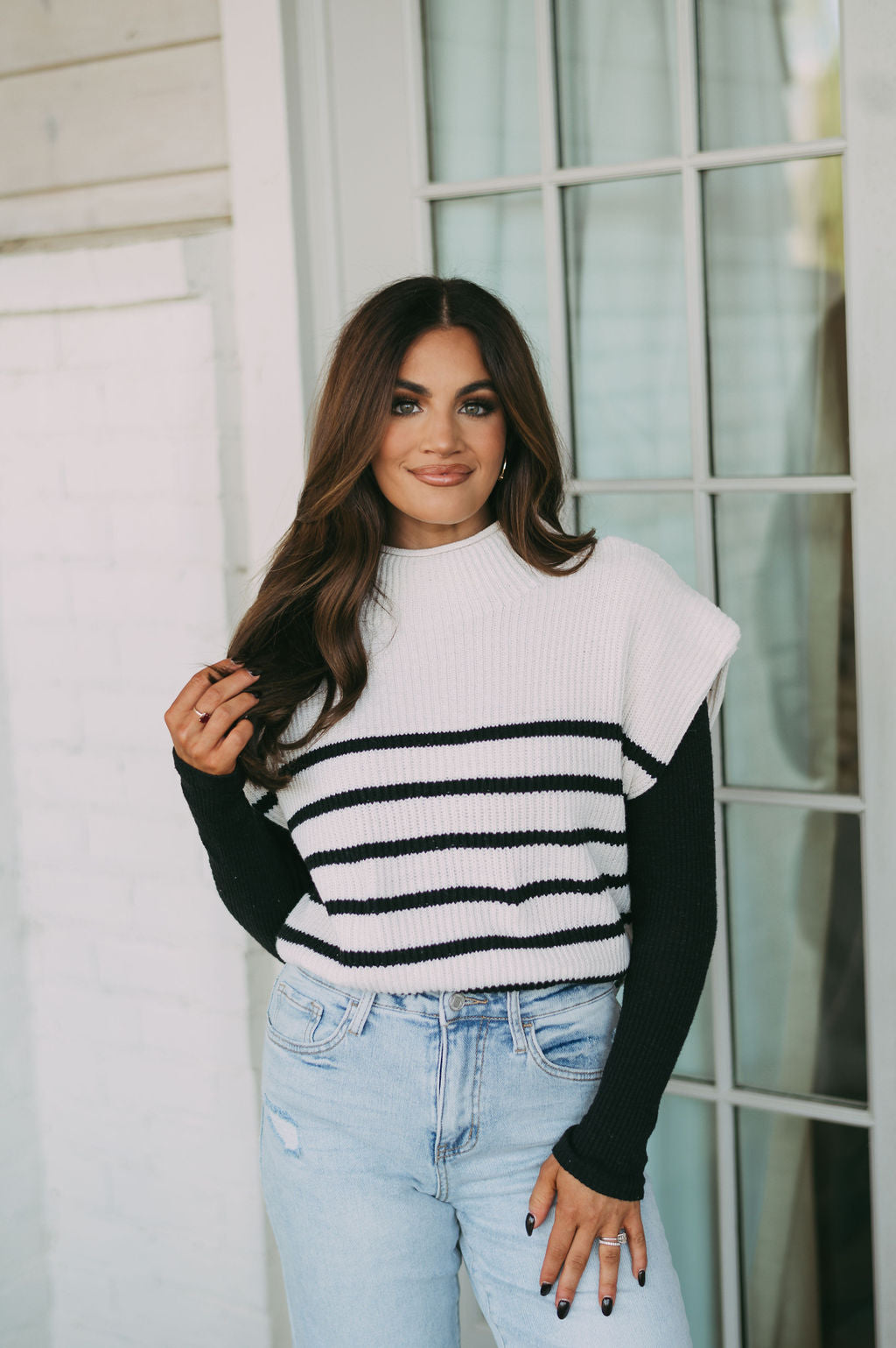 Power Shoulder Striped Sweater Vest- Cream/Black
