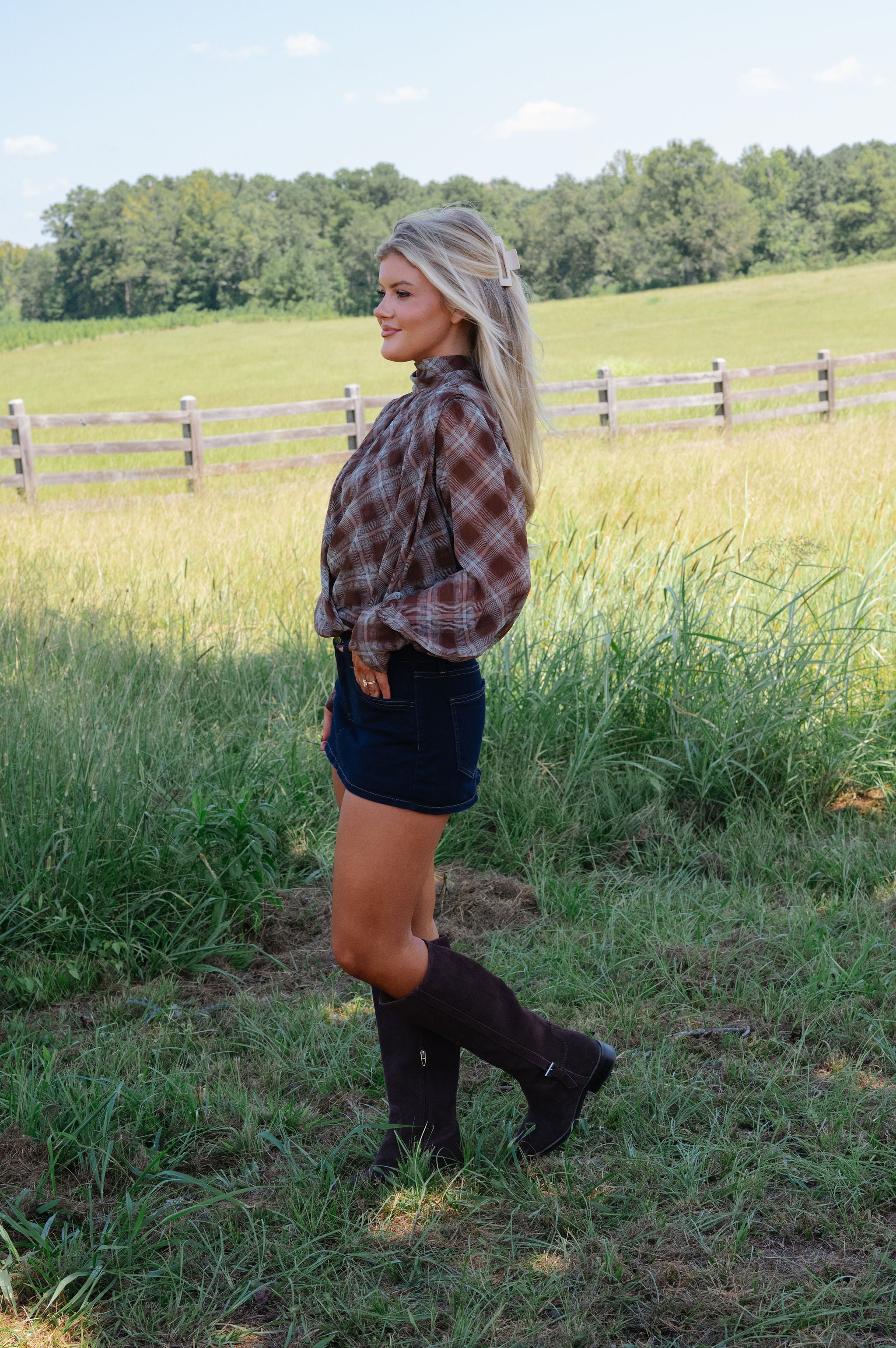 Reese Plaid Blouse-Brown