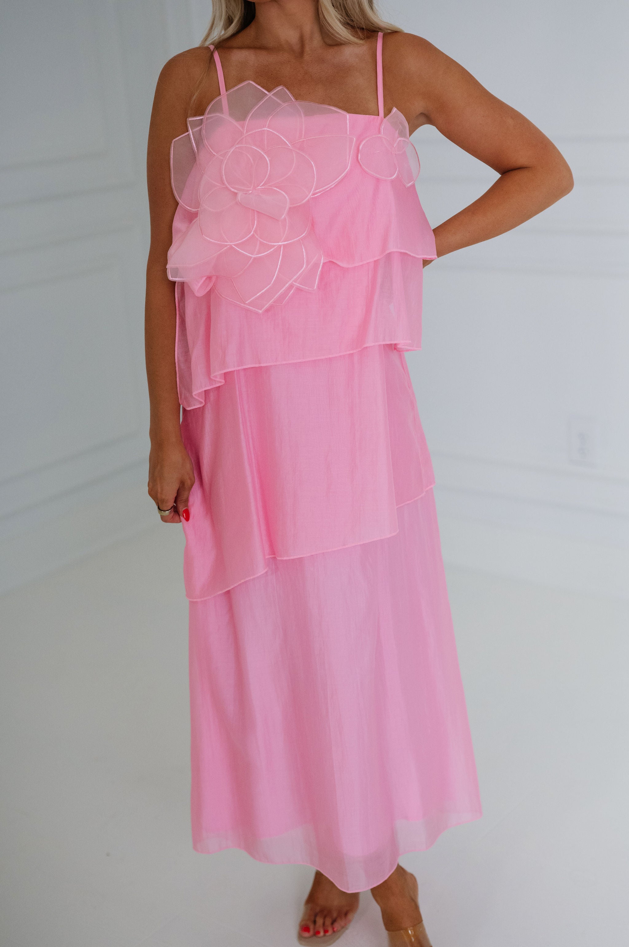Dominique Floral Applique Tiered Maxi Dress-Pink