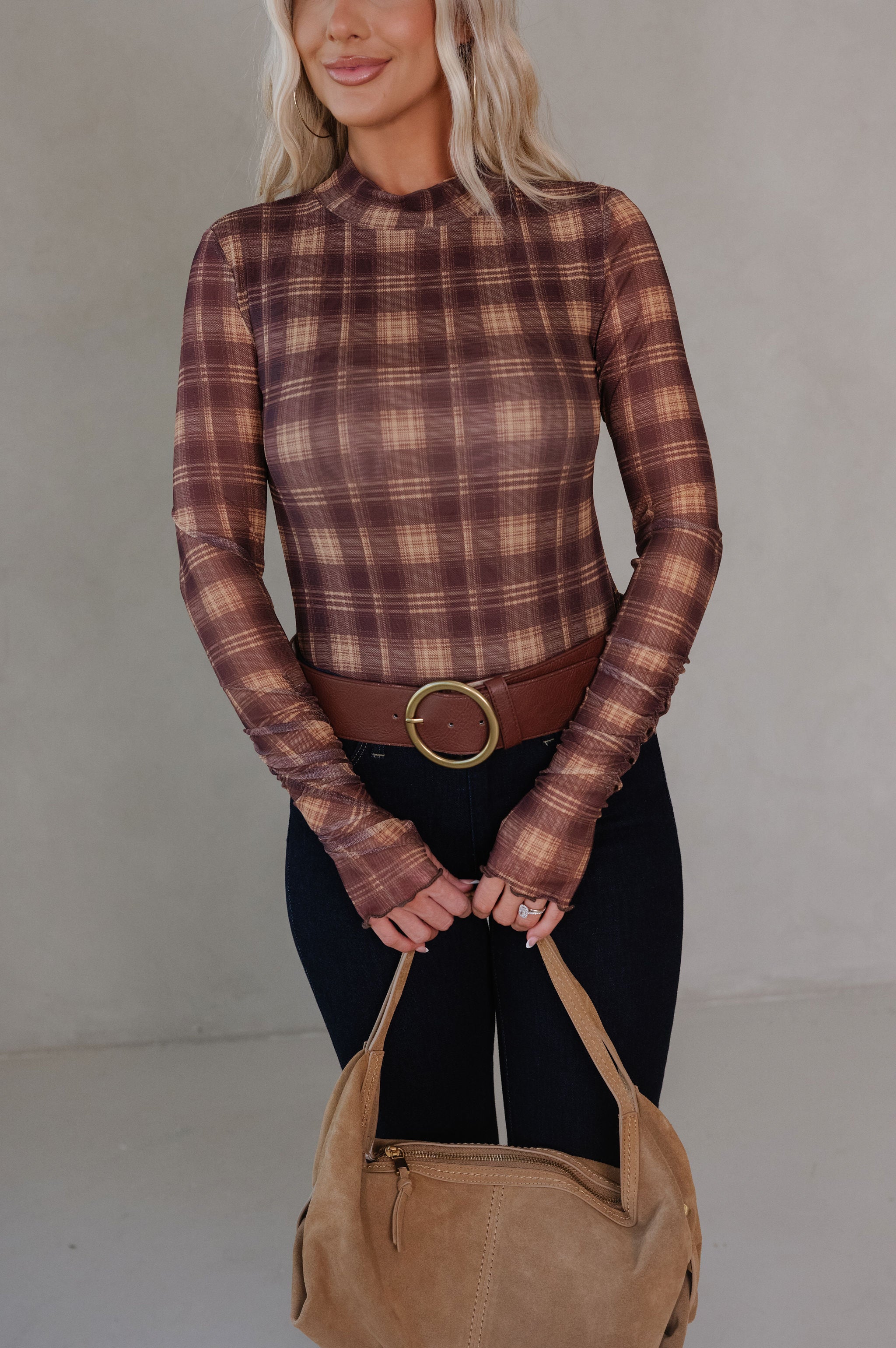 Plaid Print Bodysuit-Brown/Butter