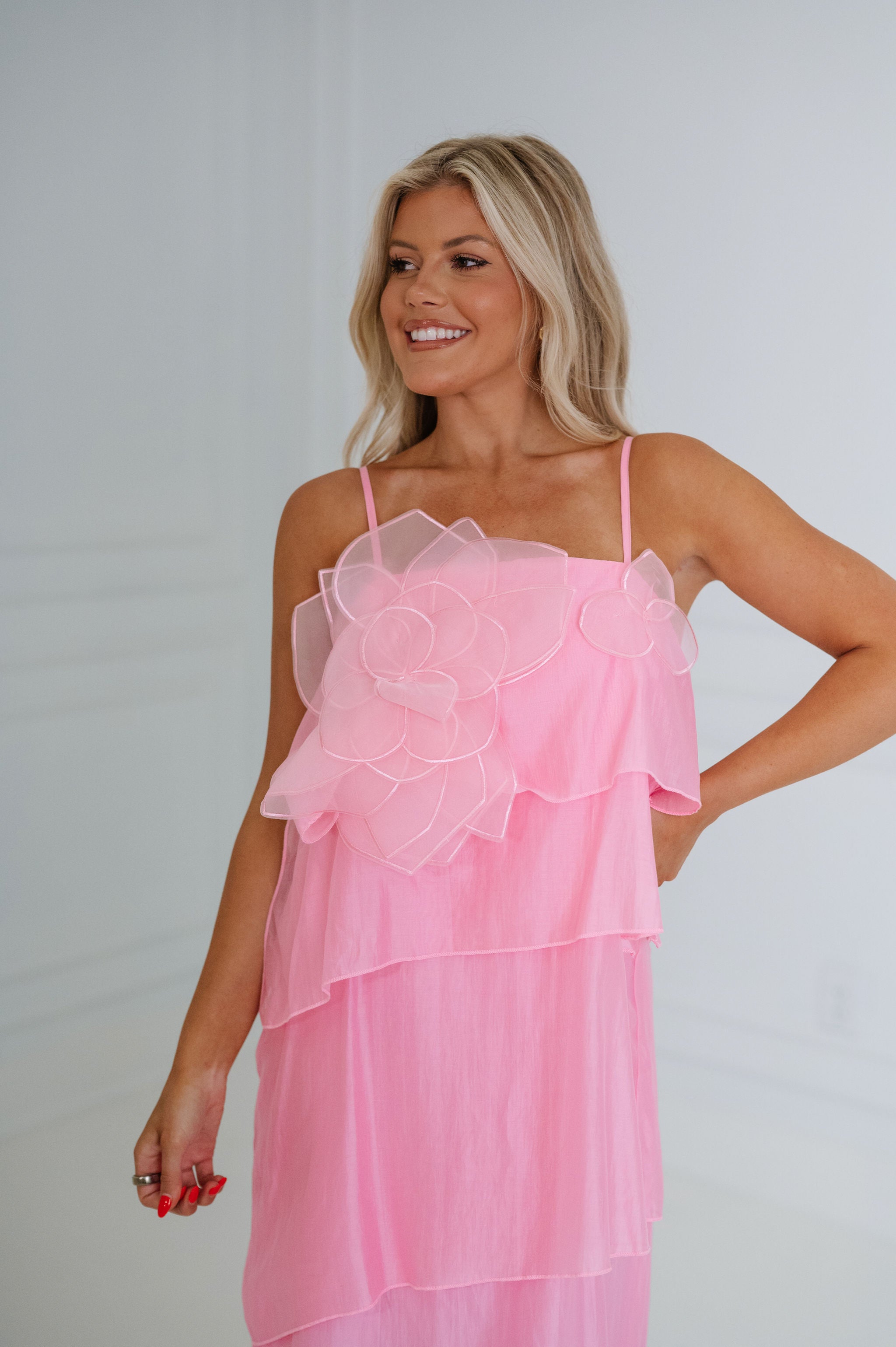 Dominique Floral Applique Tiered Maxi Dress-Pink