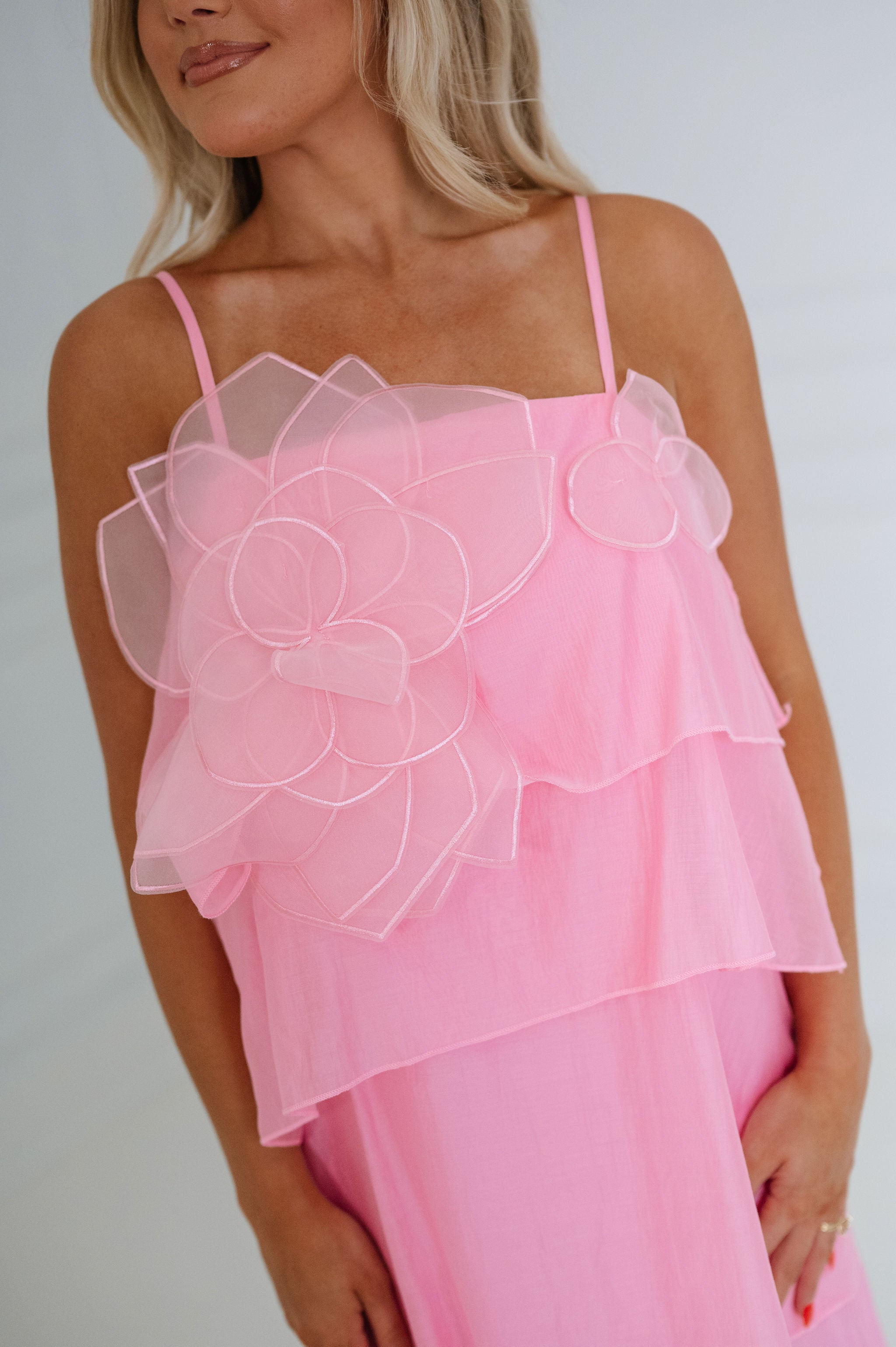 Dominique Floral Applique Tiered Maxi Dress-Pink