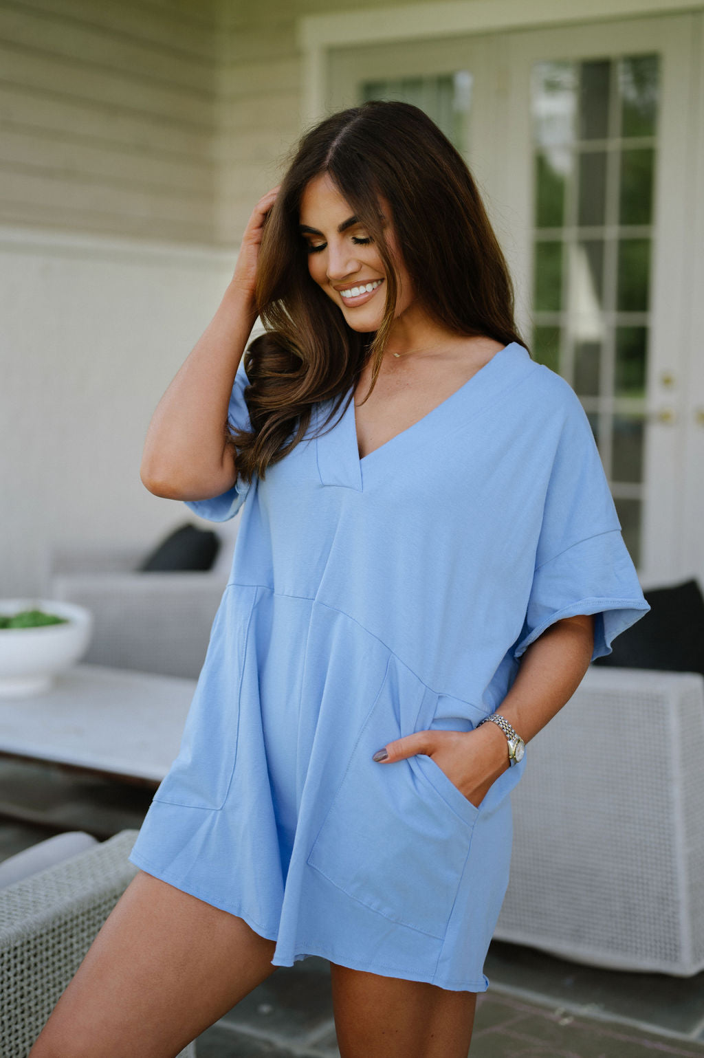 Oversized V-Neck Romper- Blue