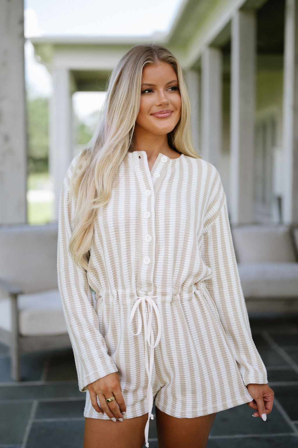 Knit Drawstring Romper-Sand