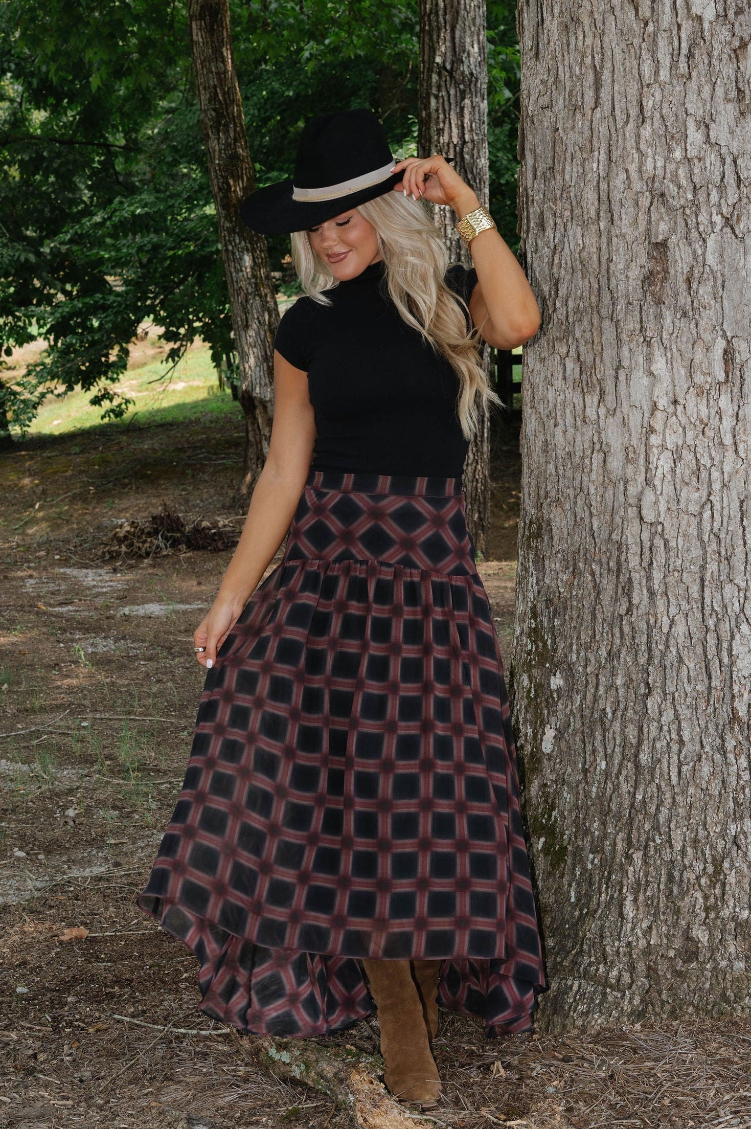 Plaid Chiffon Layered Maxi Skirt-Black Multi