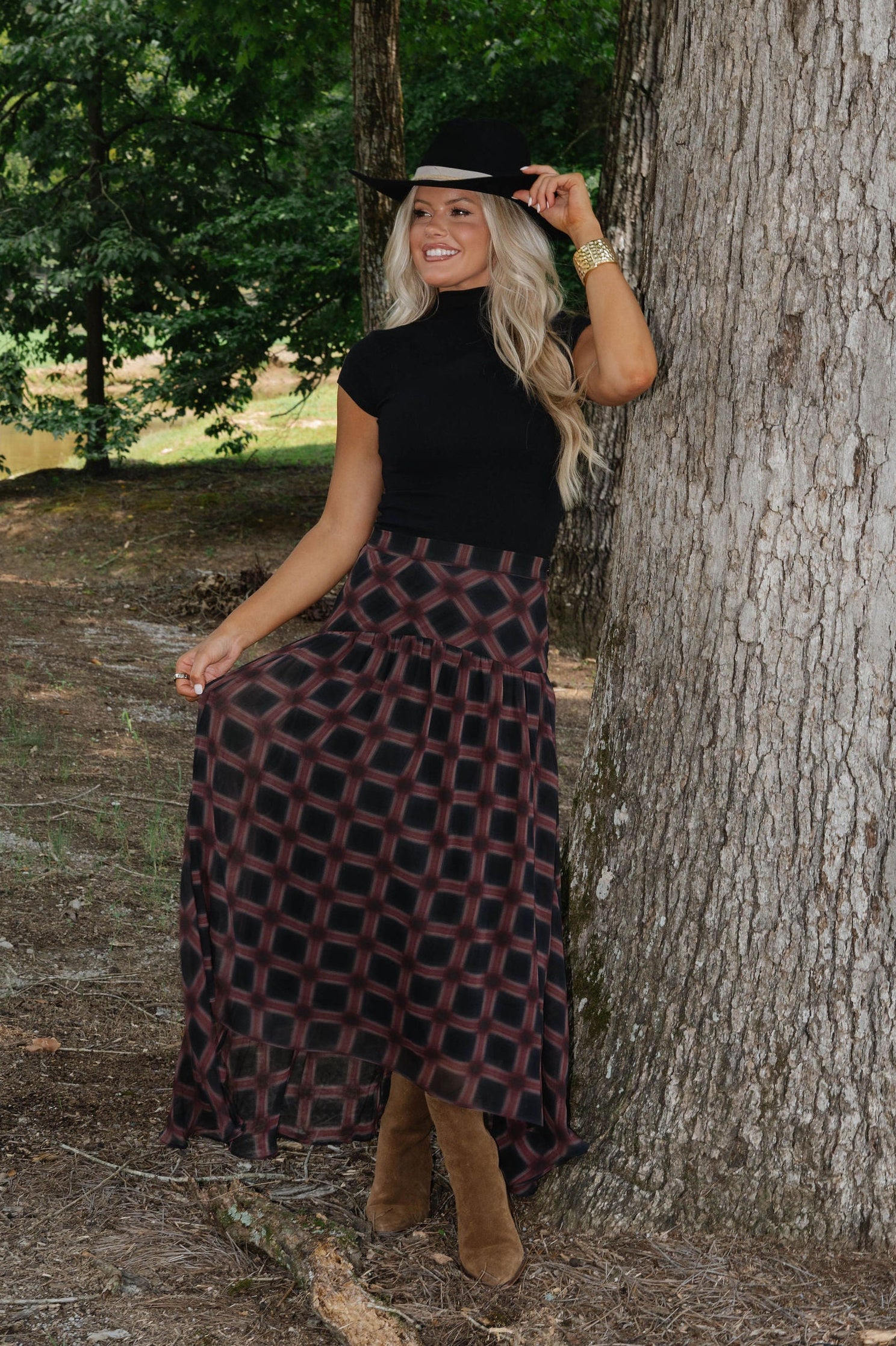 Plaid Chiffon Layered Maxi Skirt-Black Multi