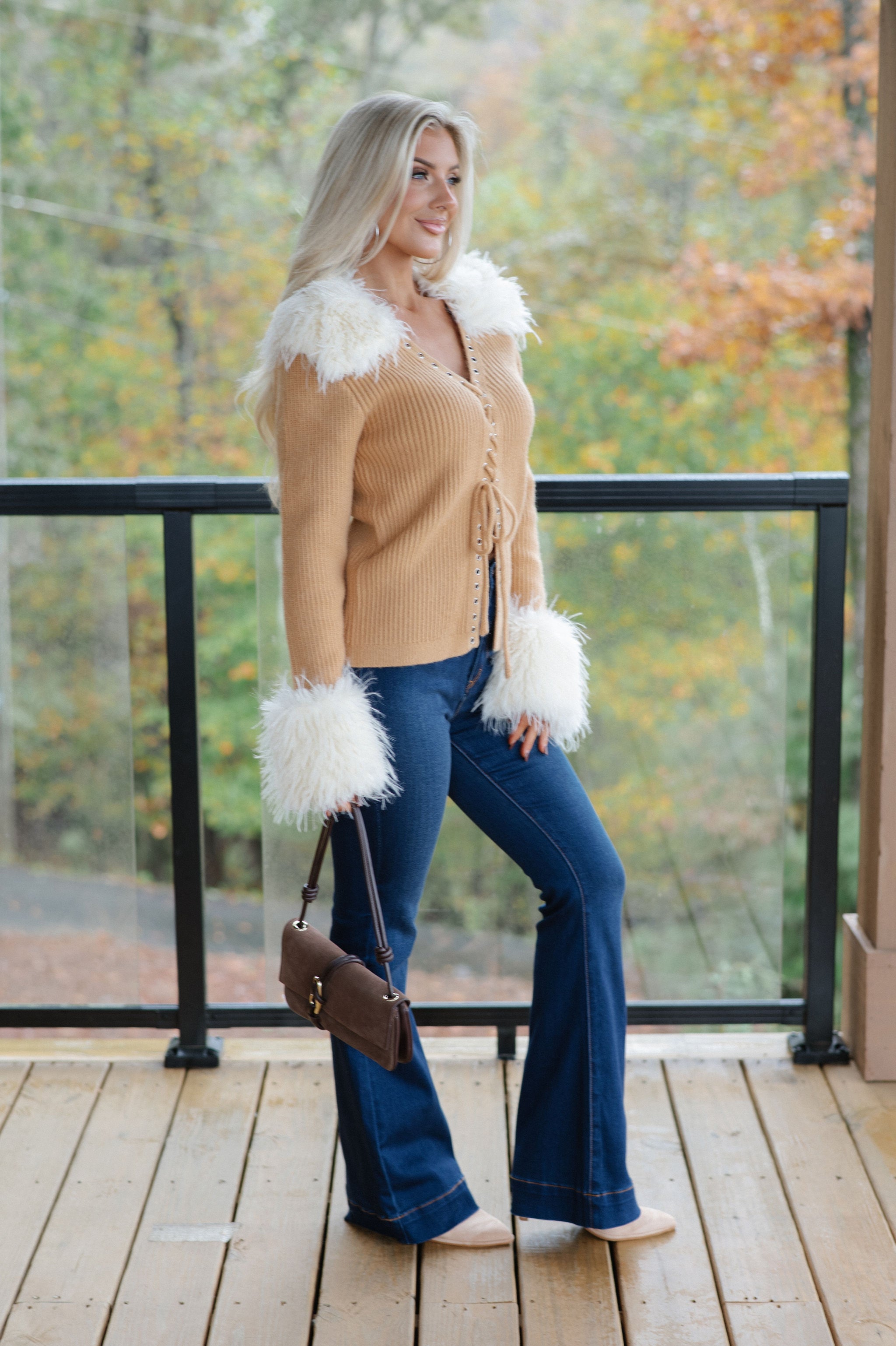 Faux Fur Trim Lace Up Cardigan-Camel