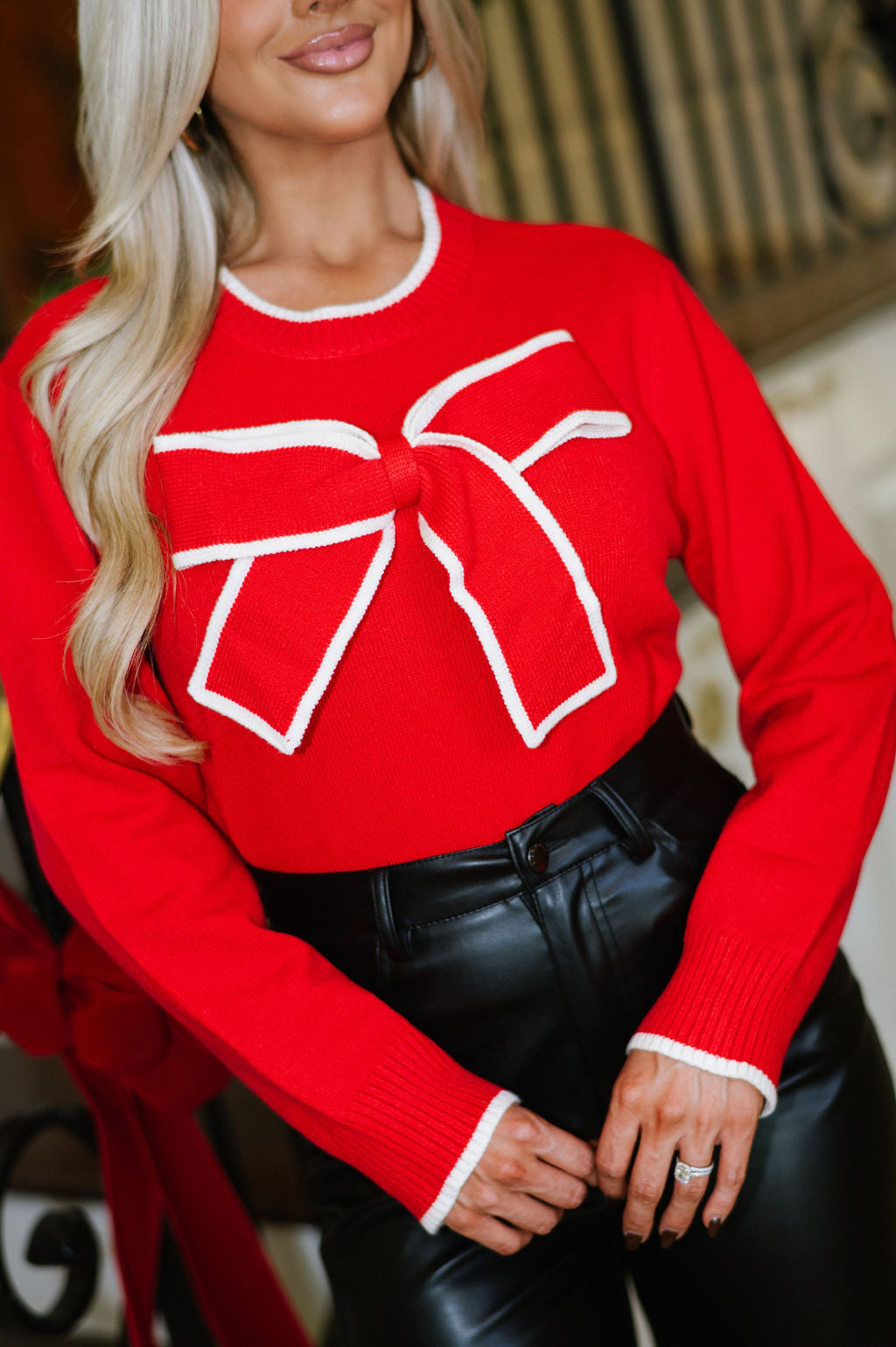 Destiny Bow Sweater-Red/Cream