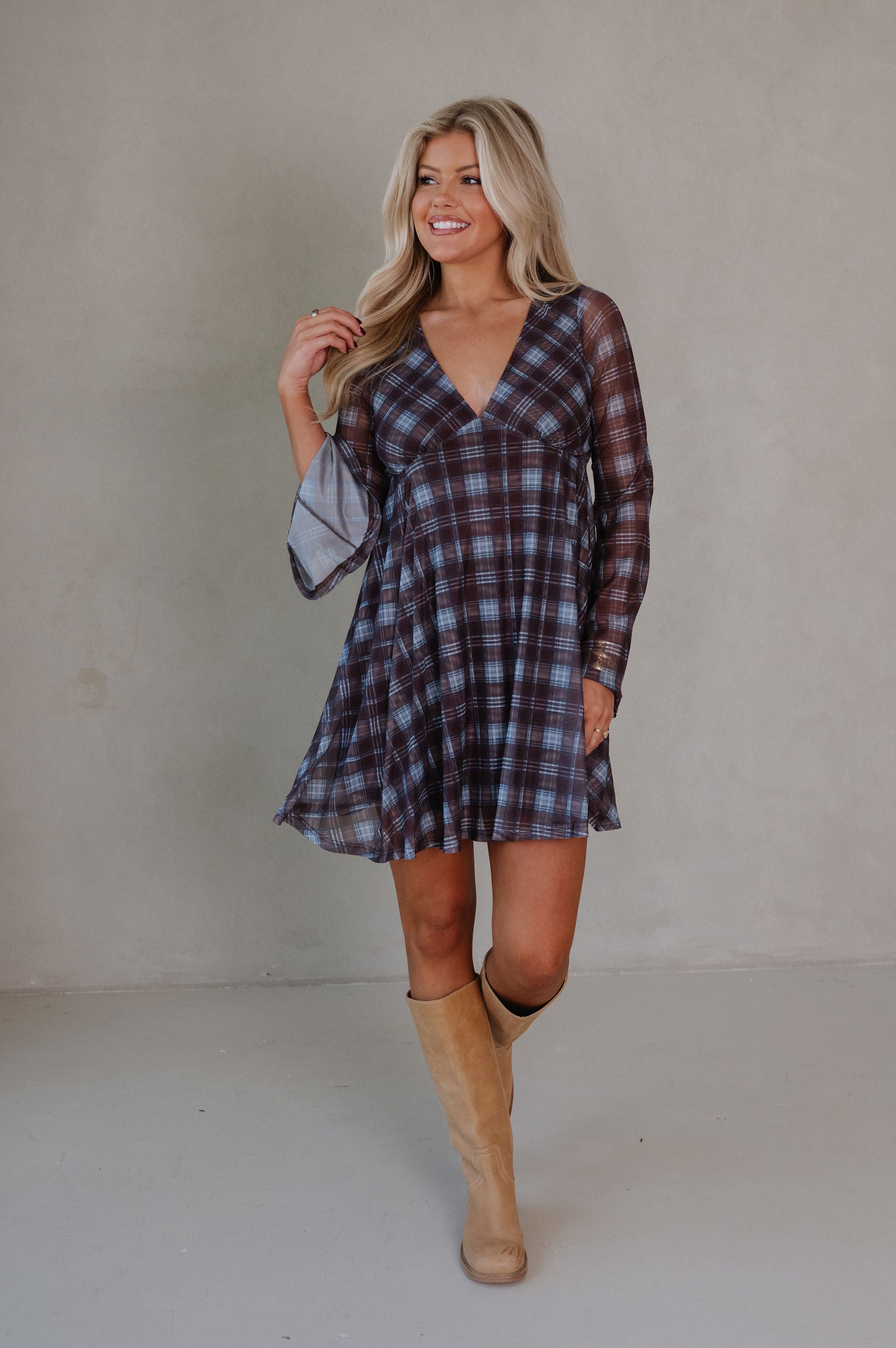 Hannah Bell Sleeve Dress- Brown/Blue