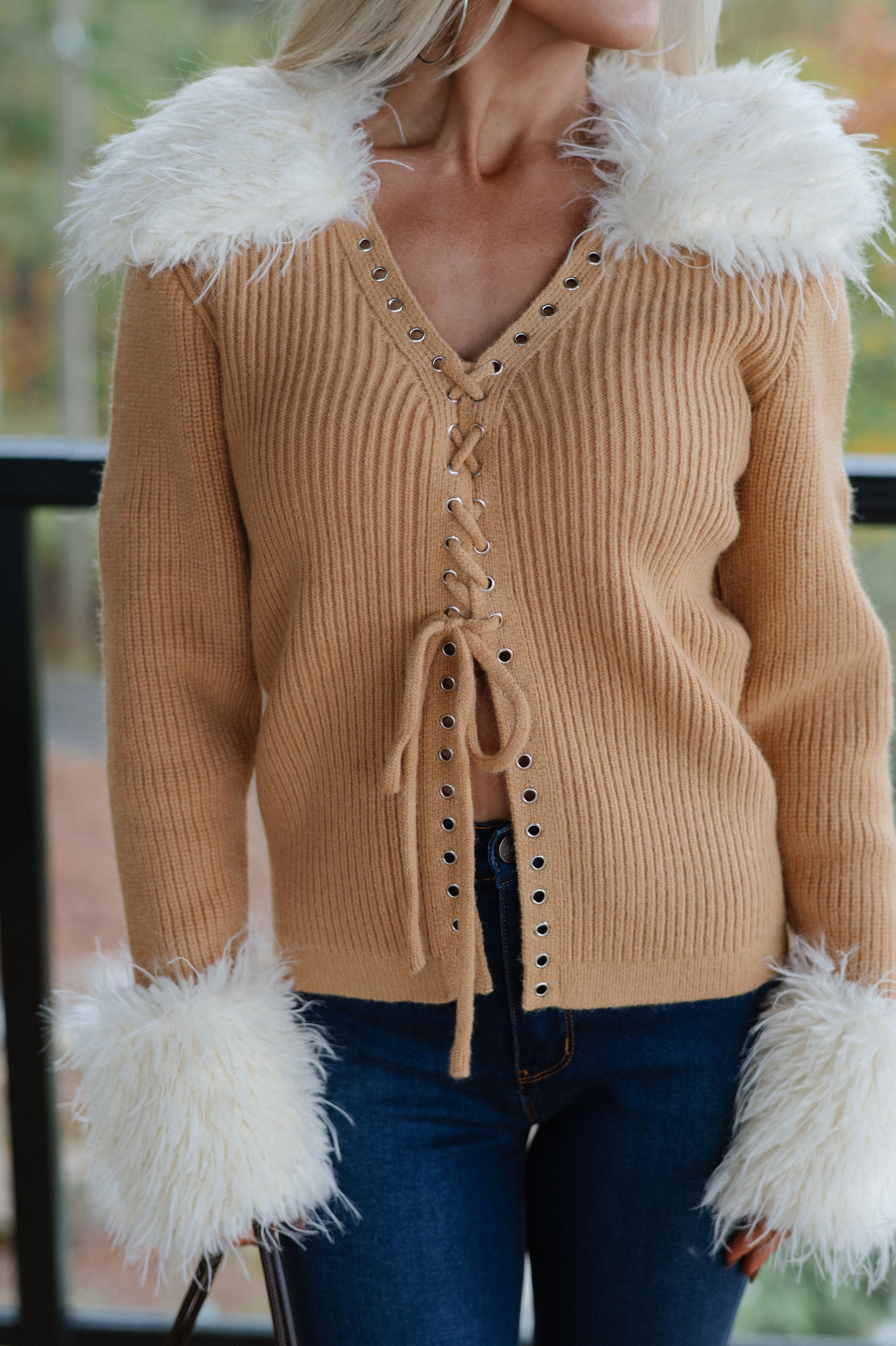 Faux Fur Trim Lace Up Cardigan-Camel