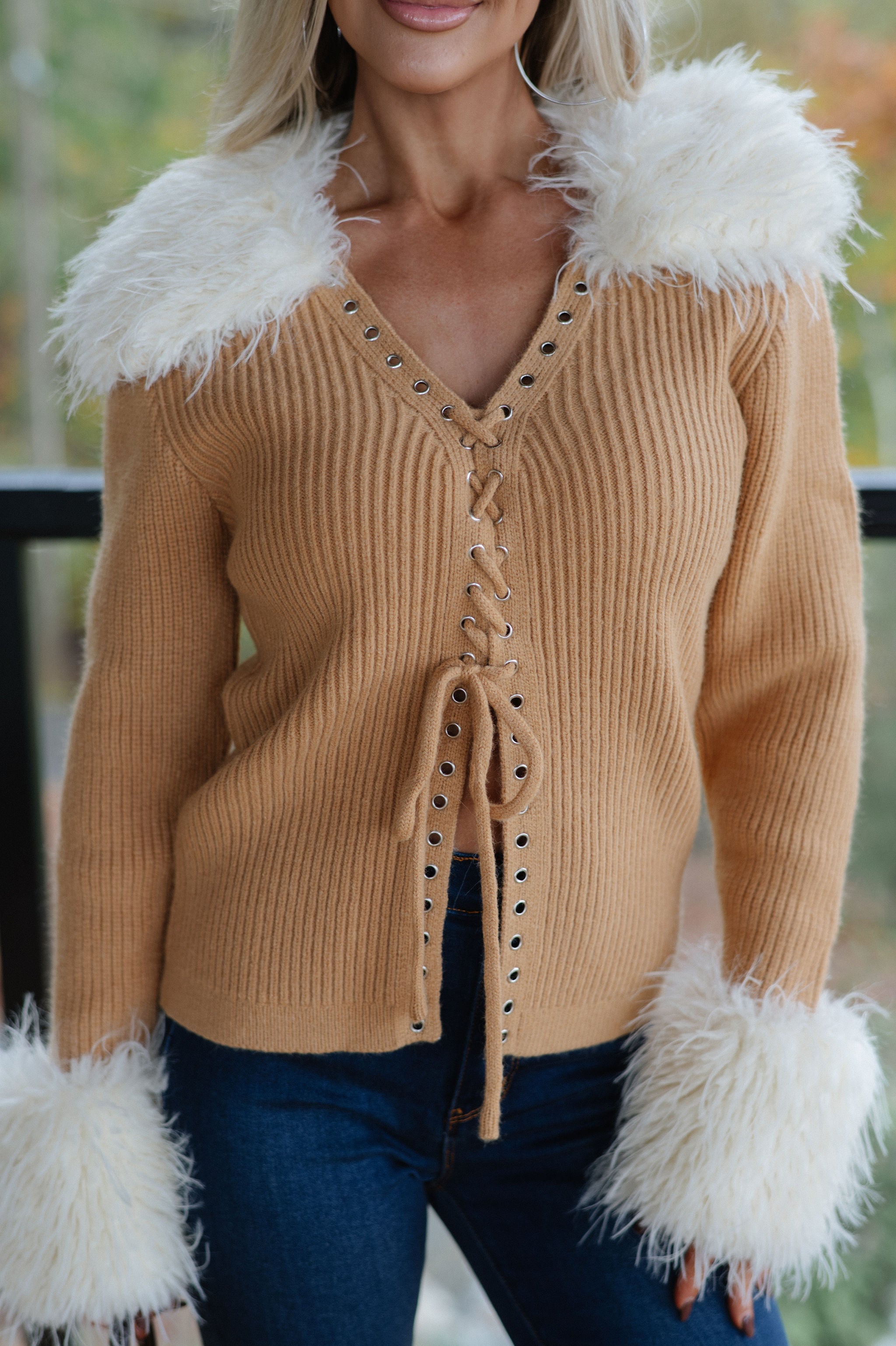 Faux Fur Trim Lace Up Cardigan-Camel