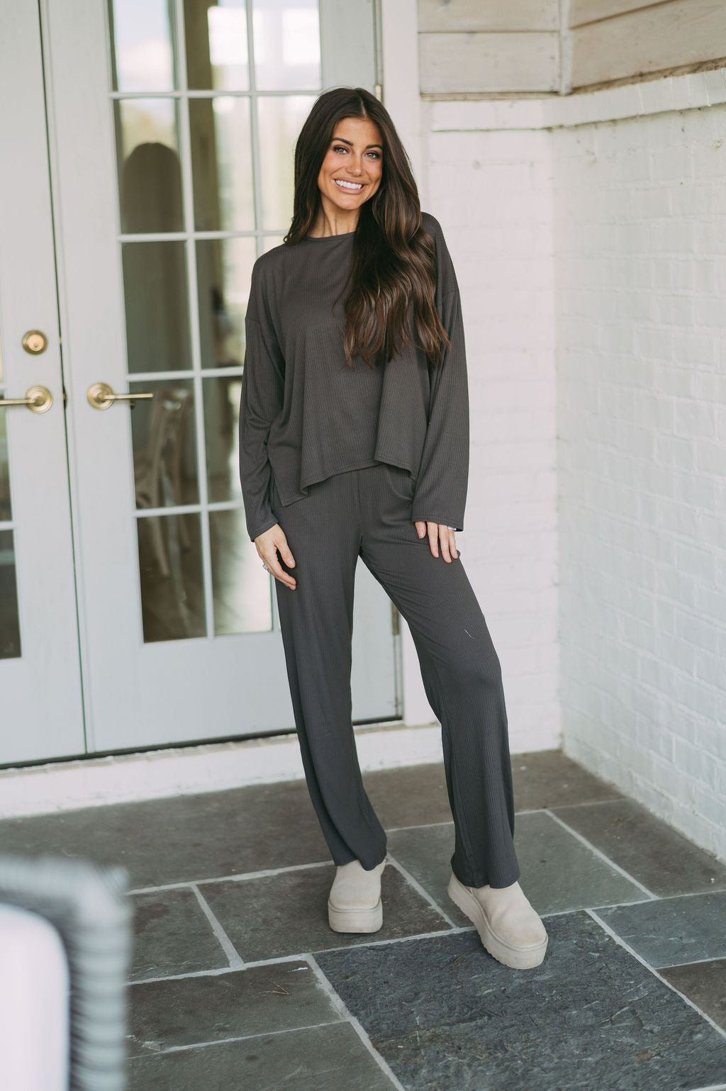 Lillian Ribbed Knit Pants Set- Charcoal