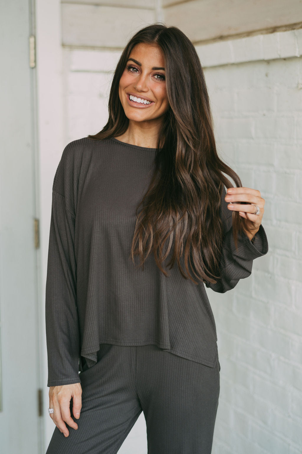 Lillian Ribbed Knit Pants Set- Charcoal