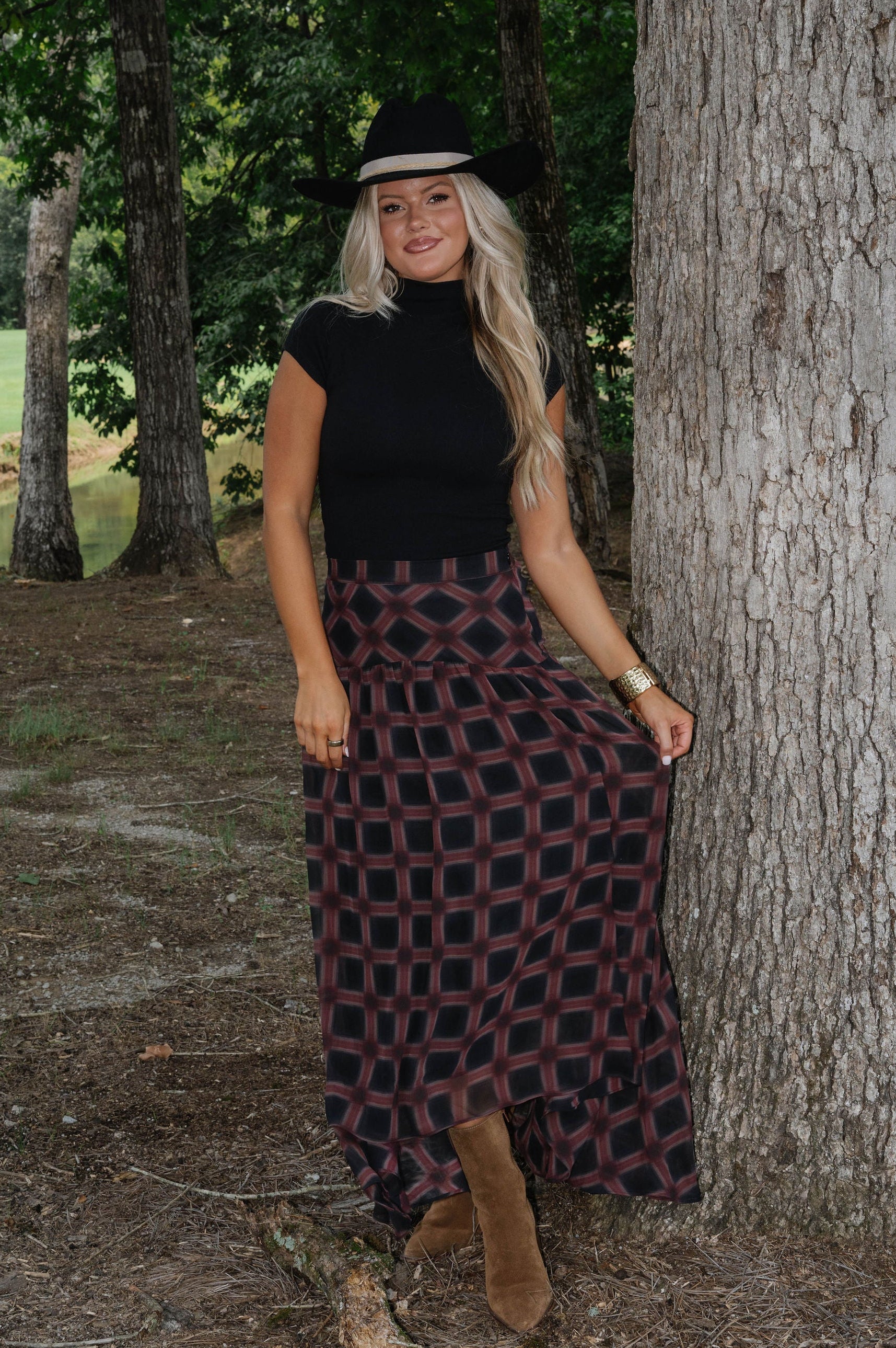 Plaid Chiffon Layered Maxi Skirt-Black Multi