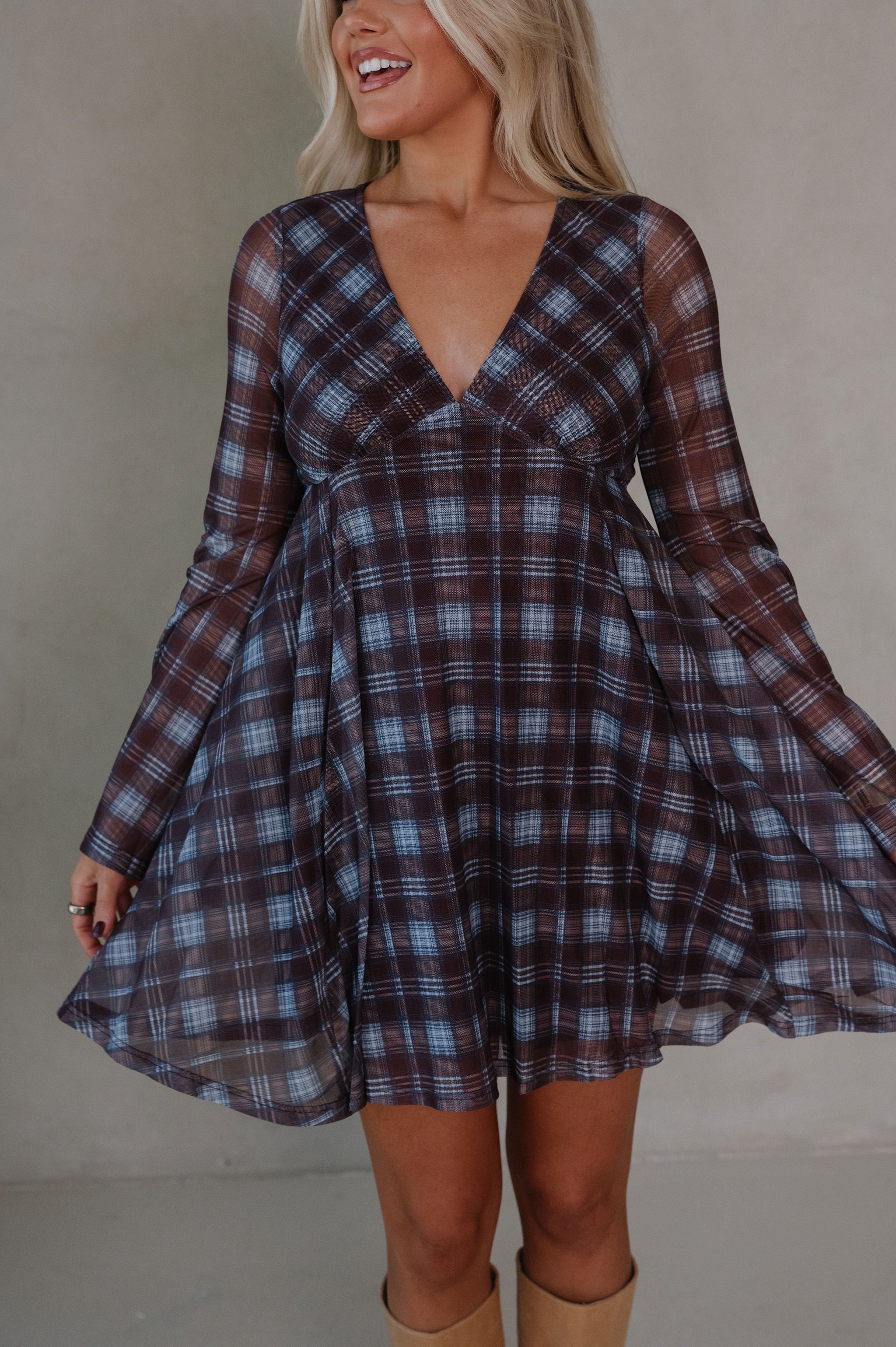 Hannah Bell Sleeve Dress- Brown/Blue