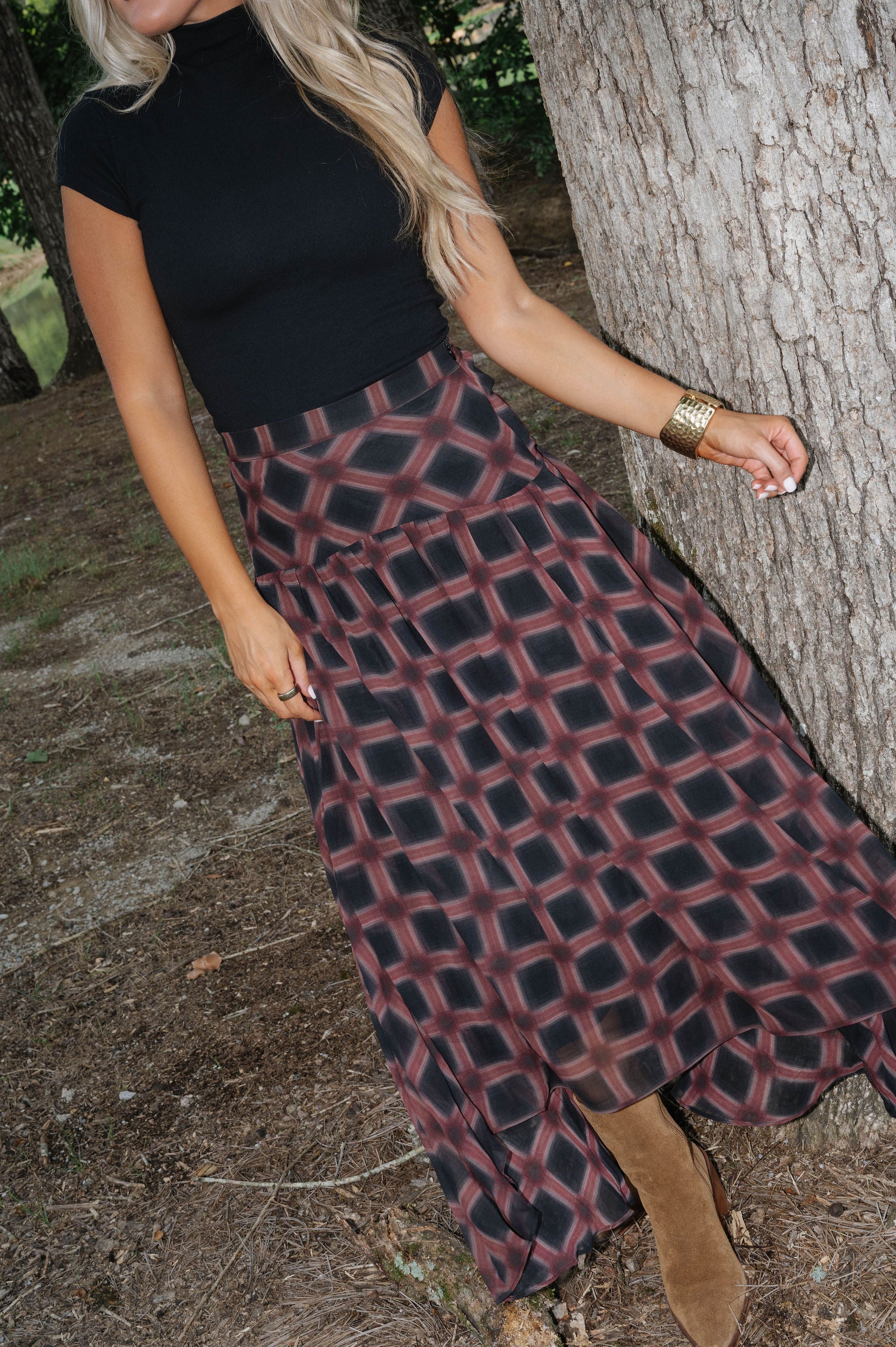 Plaid Chiffon Layered Maxi Skirt-Black Multi