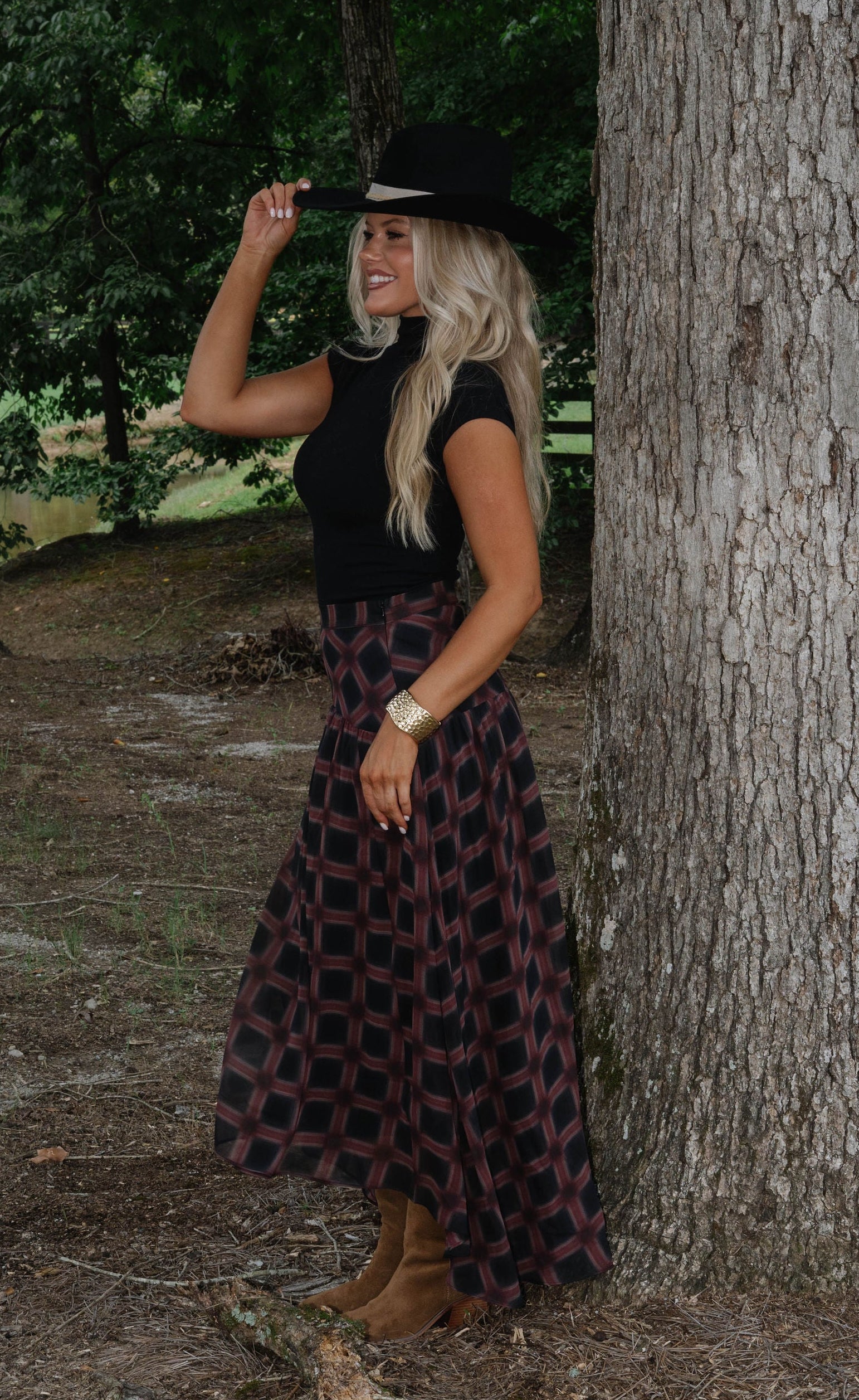 Plaid Chiffon Layered Maxi Skirt-Black Multi