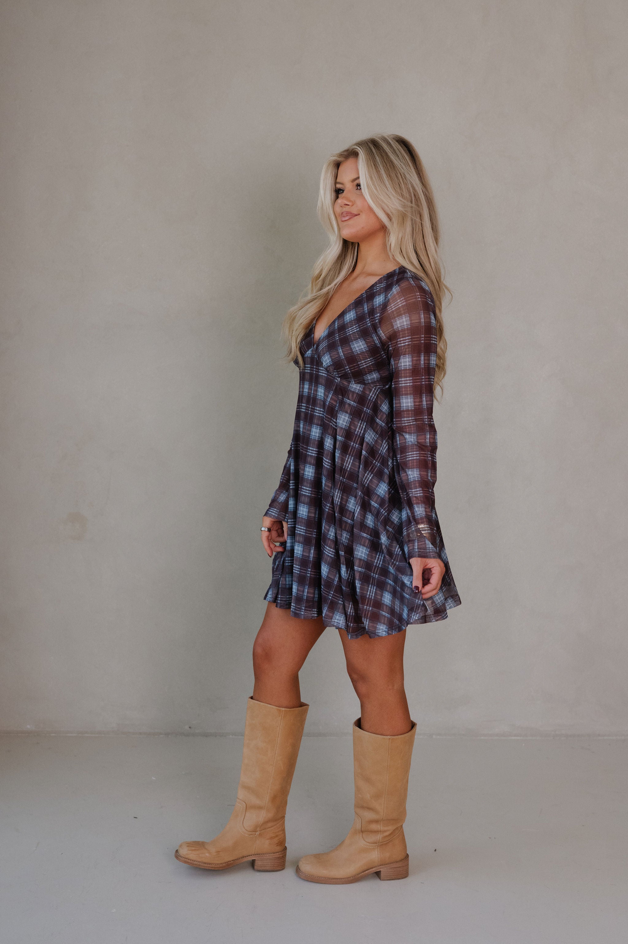 Hannah Bell Sleeve Dress- Brown/Blue