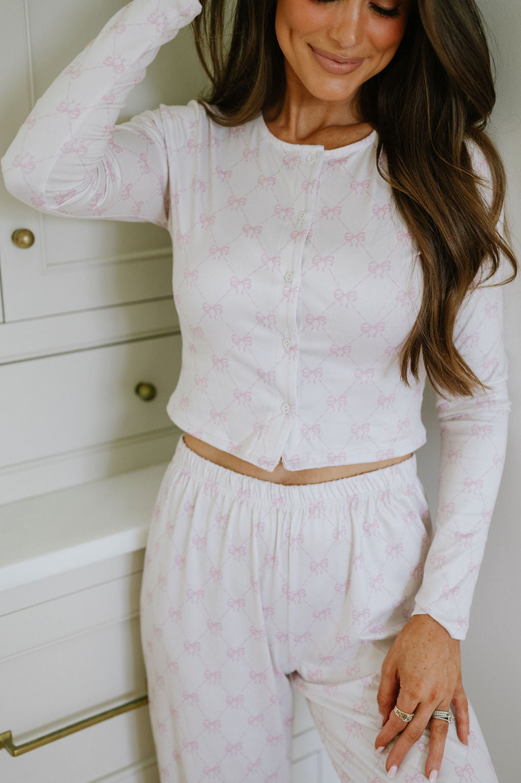 Bow Print Pajama Set-Ivory/Pink