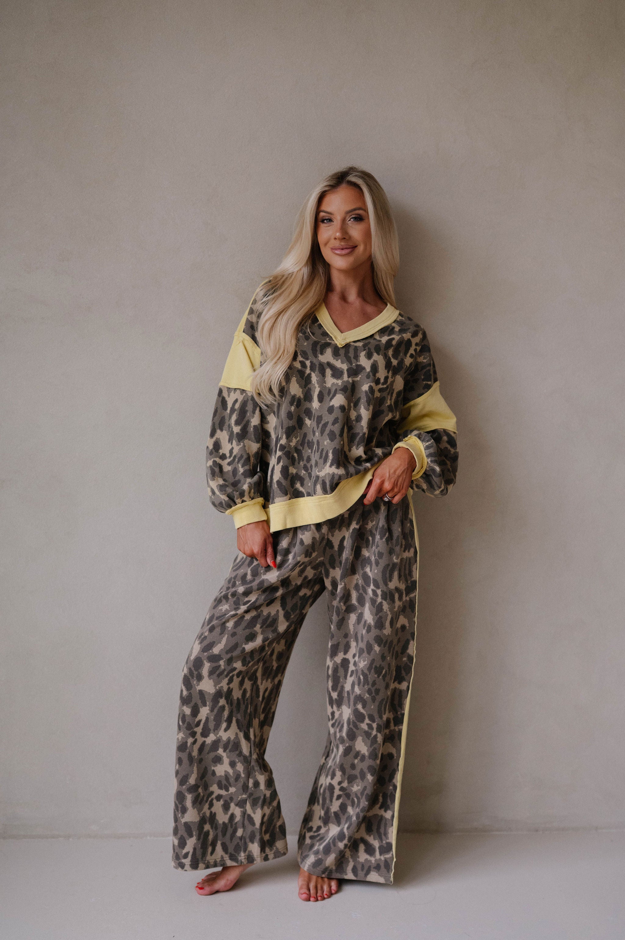 V-Neck Cheetah Oversized Top-Dark Olive/Honey