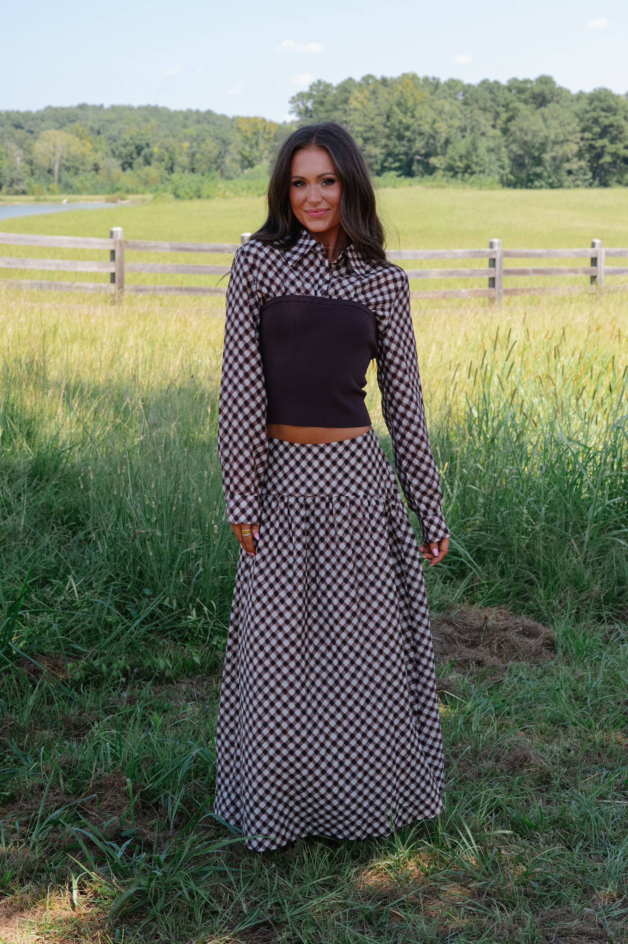Mixed Media Collared Top-Espresso