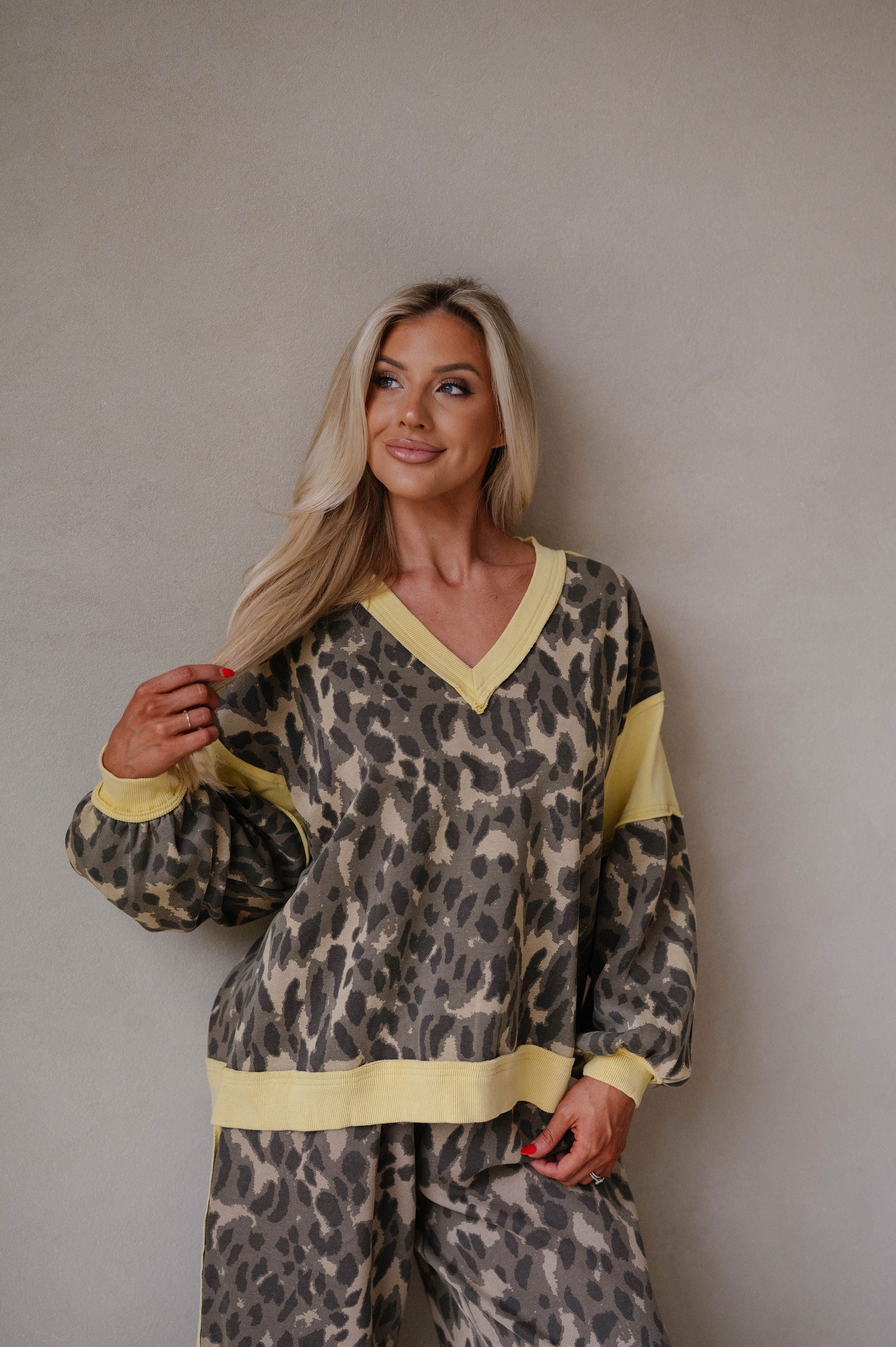V-Neck Cheetah Oversized Top-Dark Olive/Honey