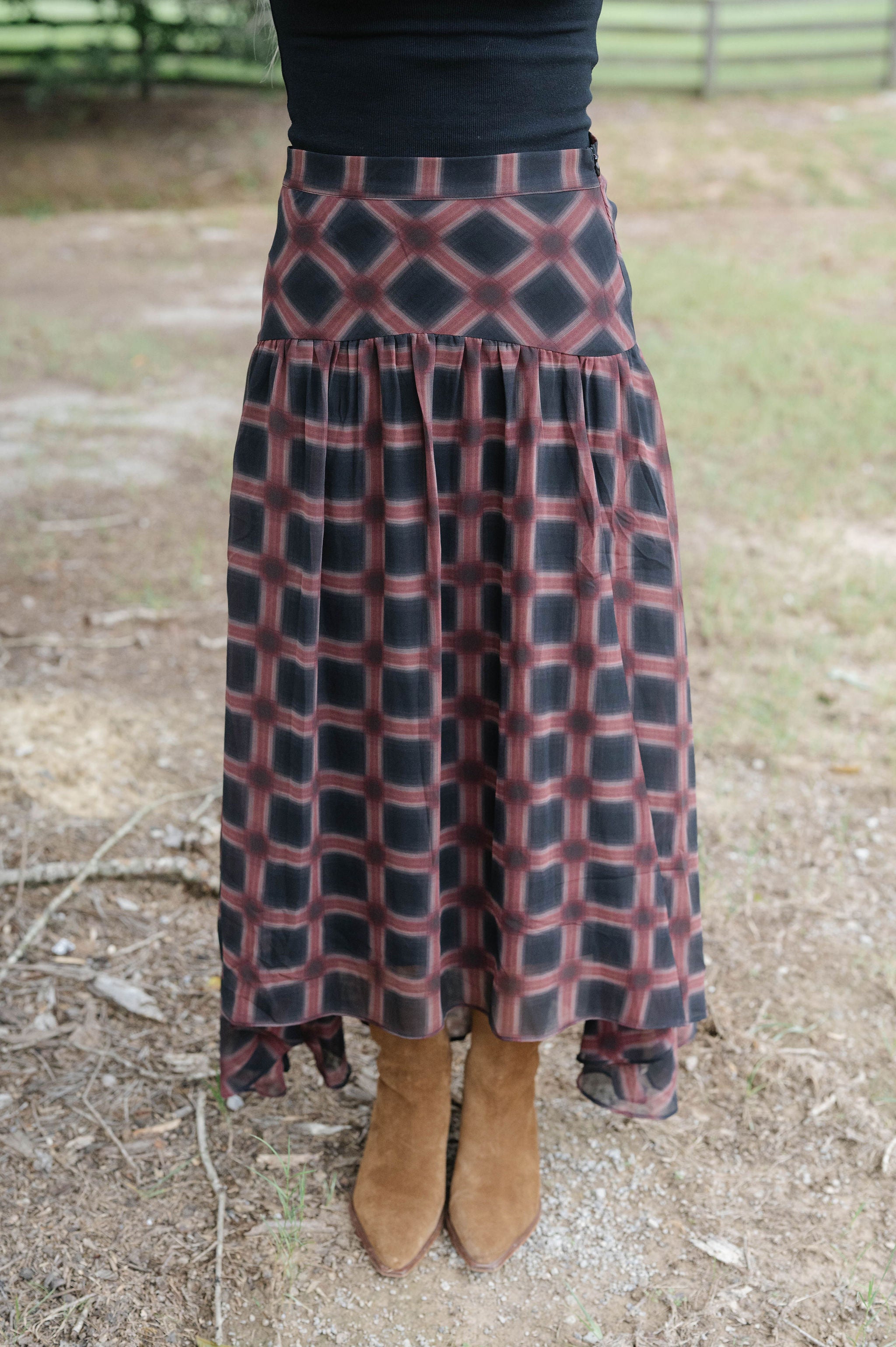 Plaid Chiffon Layered Maxi Skirt-Black Multi