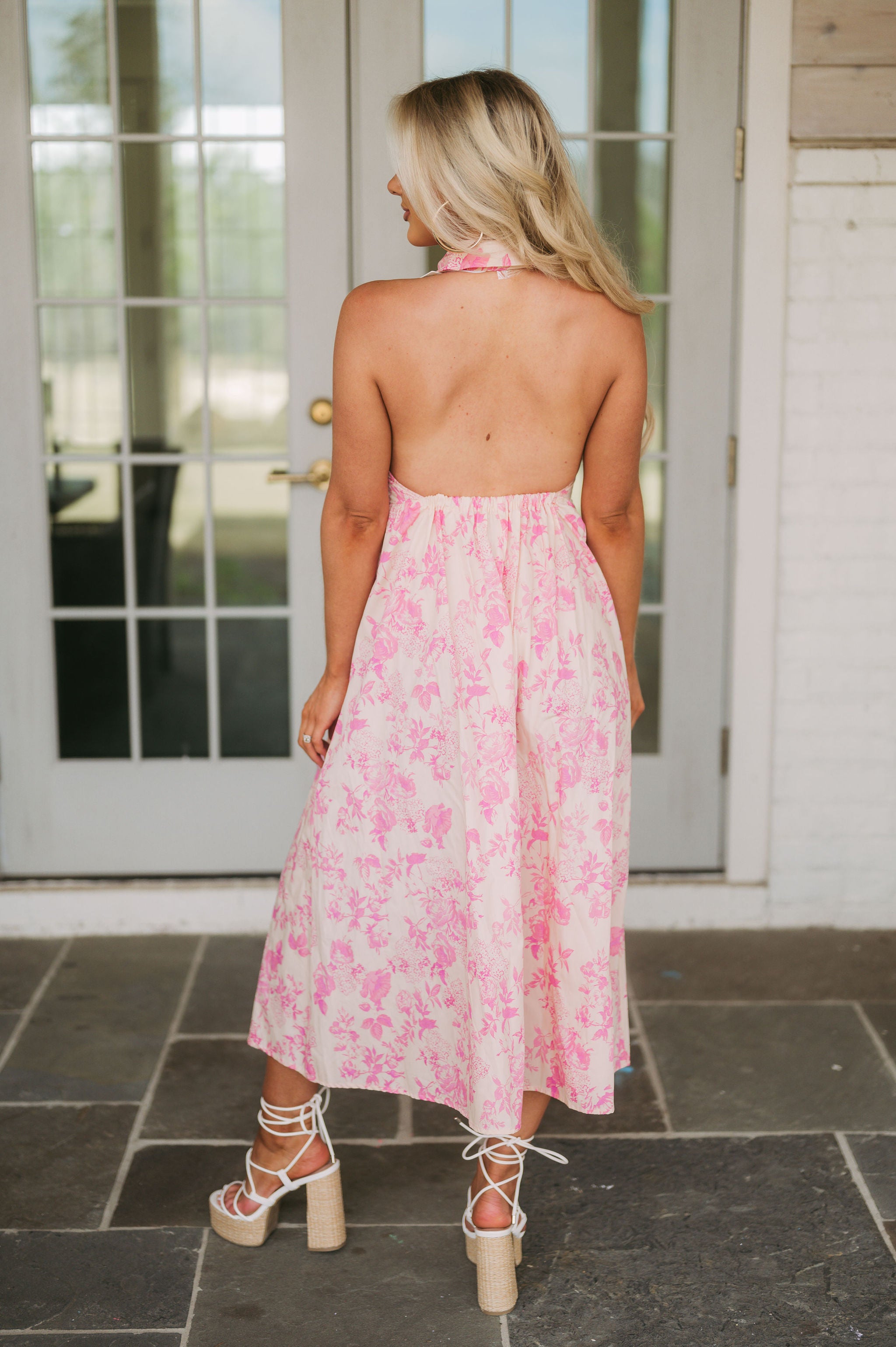 Laney Open Back Floral Midi Dress- Blush Pink