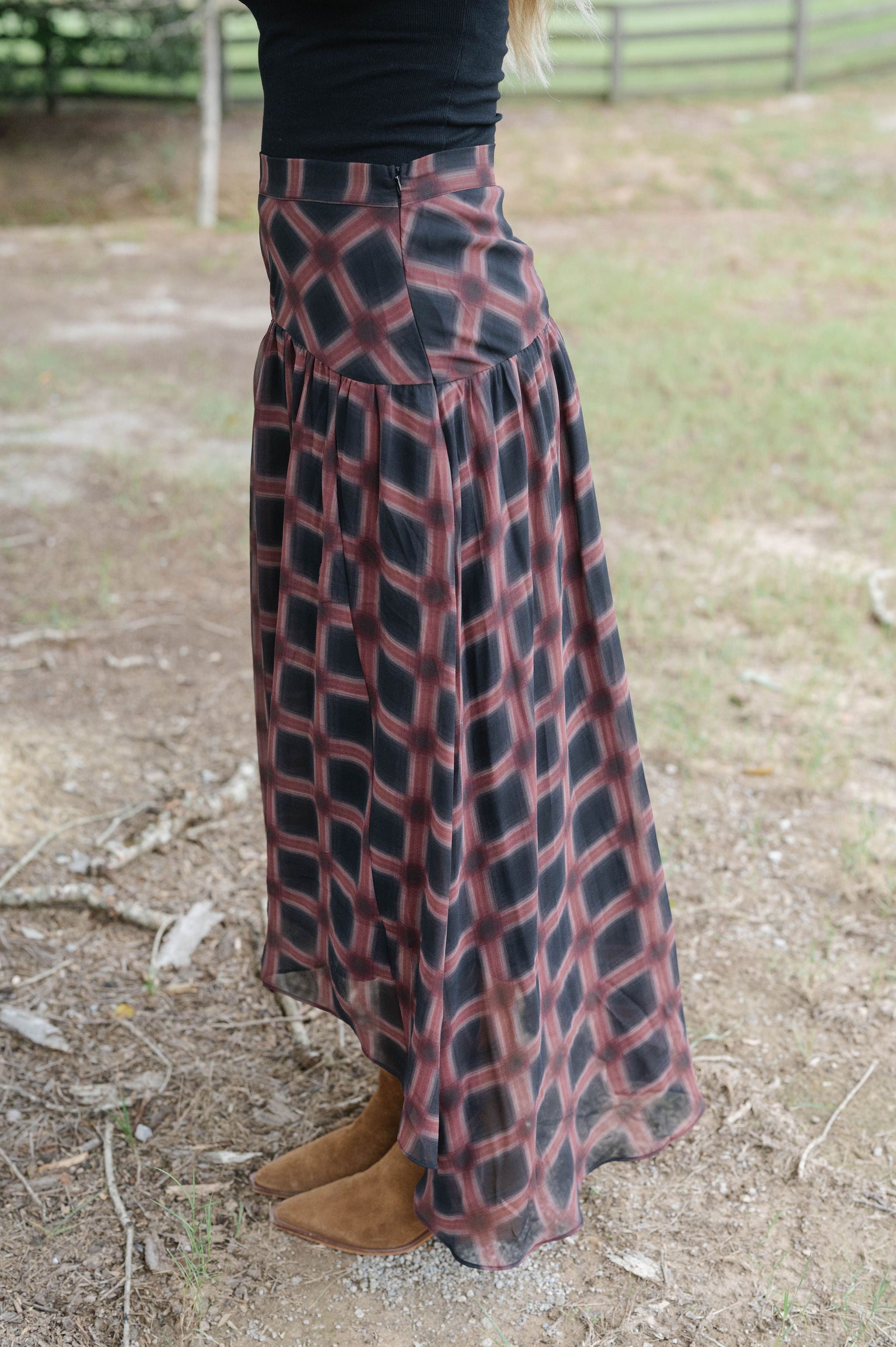 Plaid Chiffon Layered Maxi Skirt-Black Multi