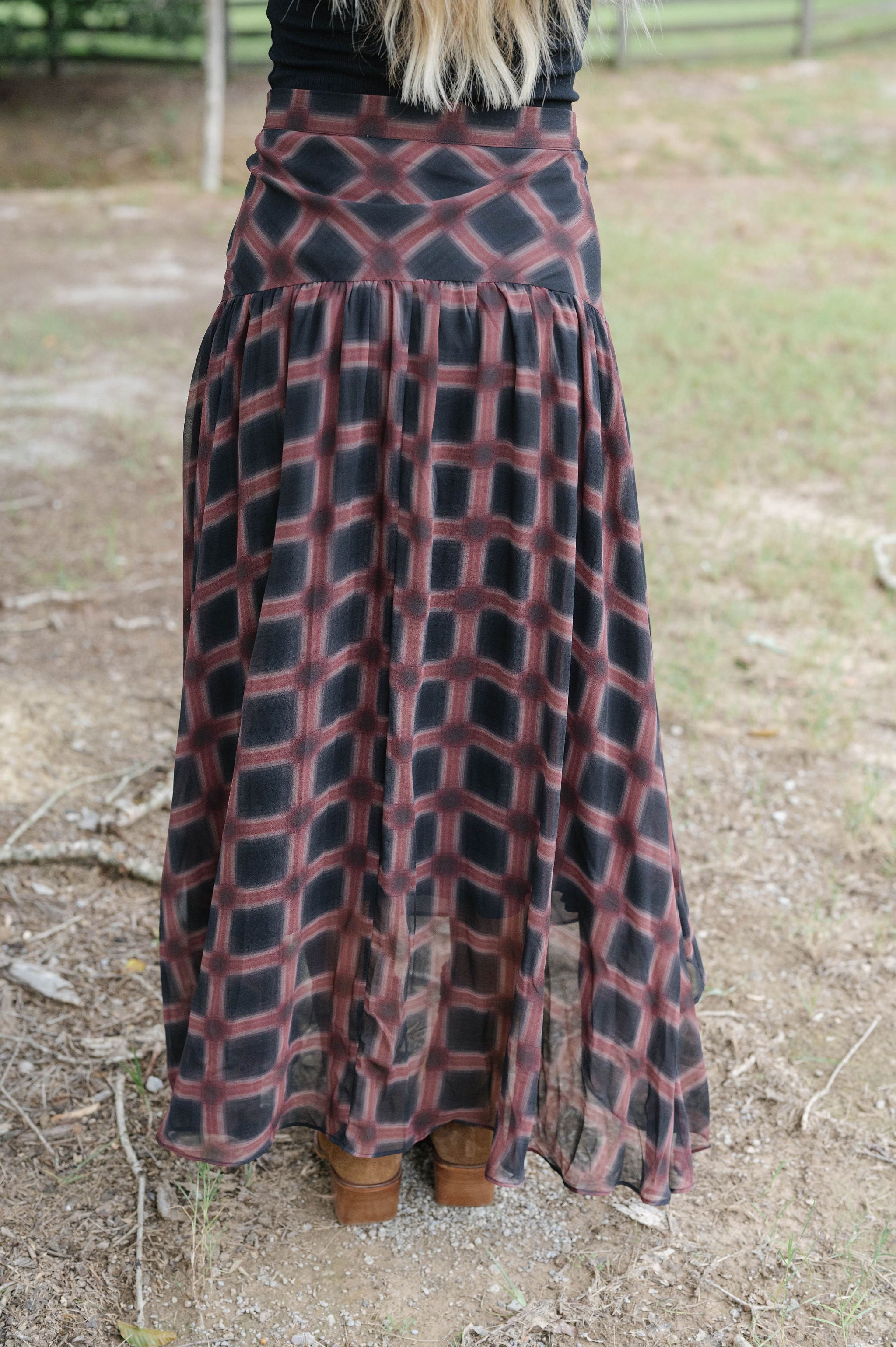 Plaid Chiffon Layered Maxi Skirt-Black Multi