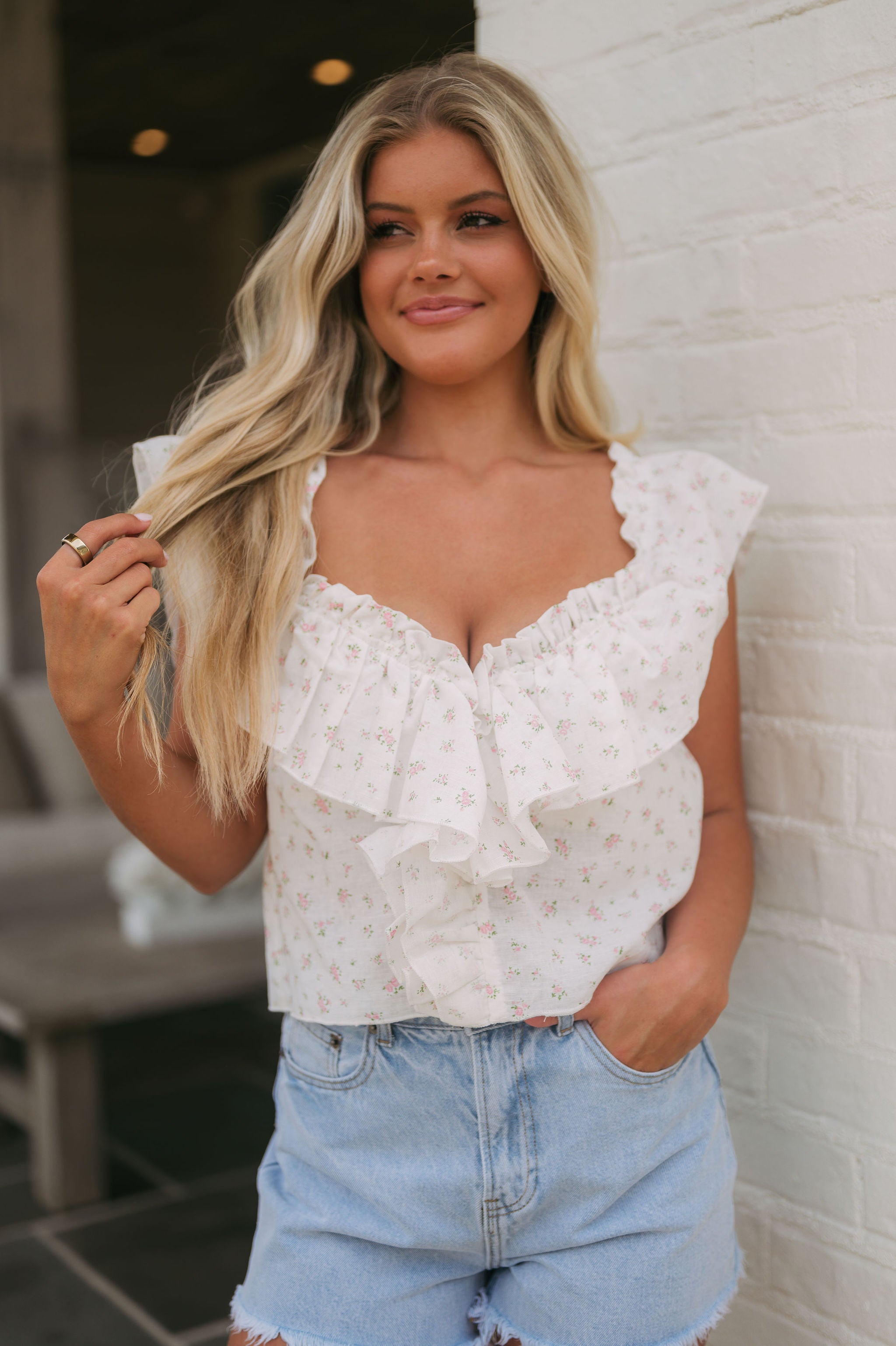 Floral Ruffle Accented Top