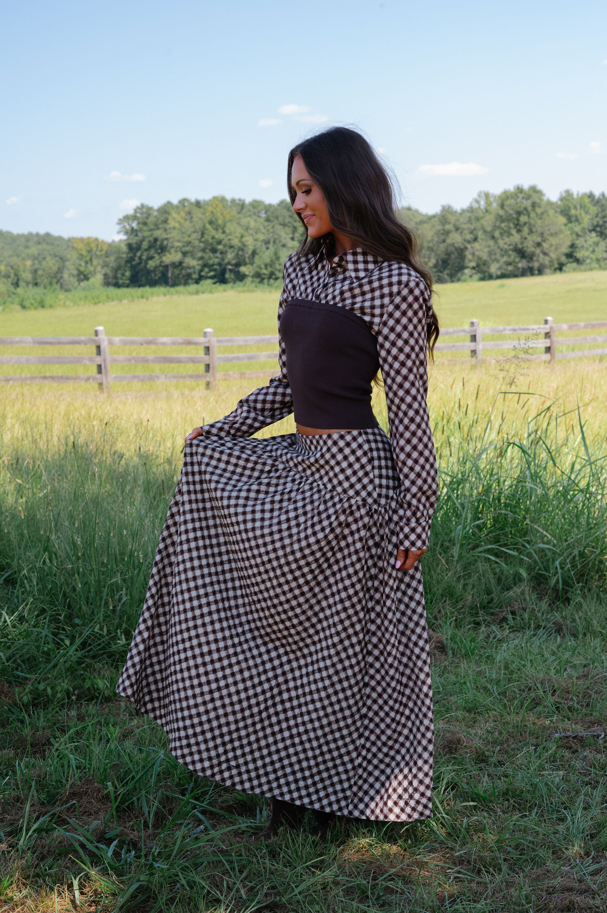 Drop Waist Plaid Skirt-Espresso