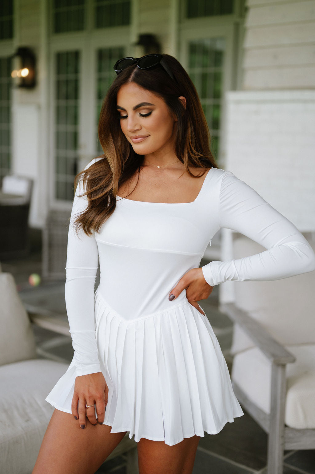 Square Neck Pleated Romper-White