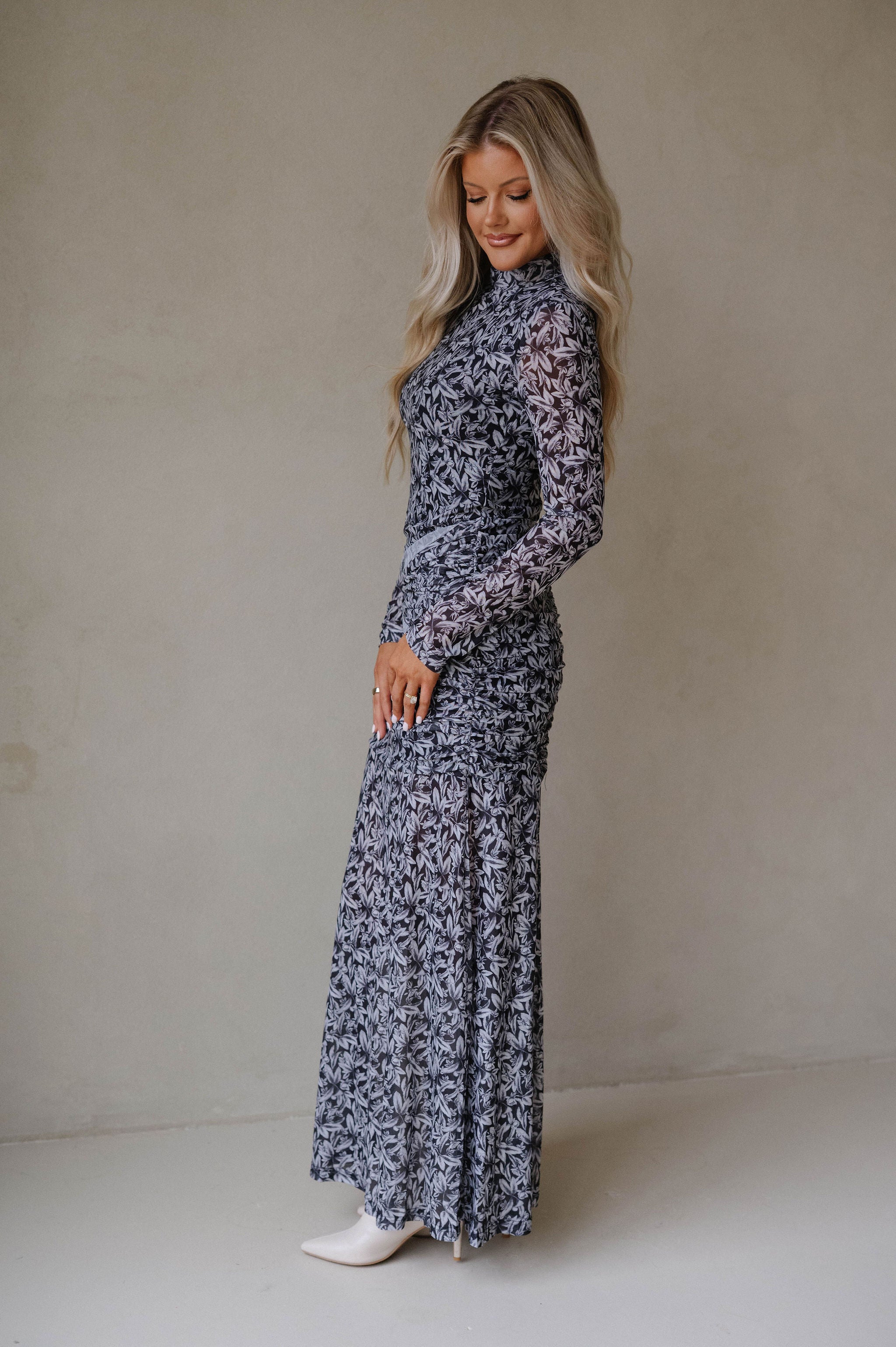 Floral Mesh Ruched Maxi Dress-Black