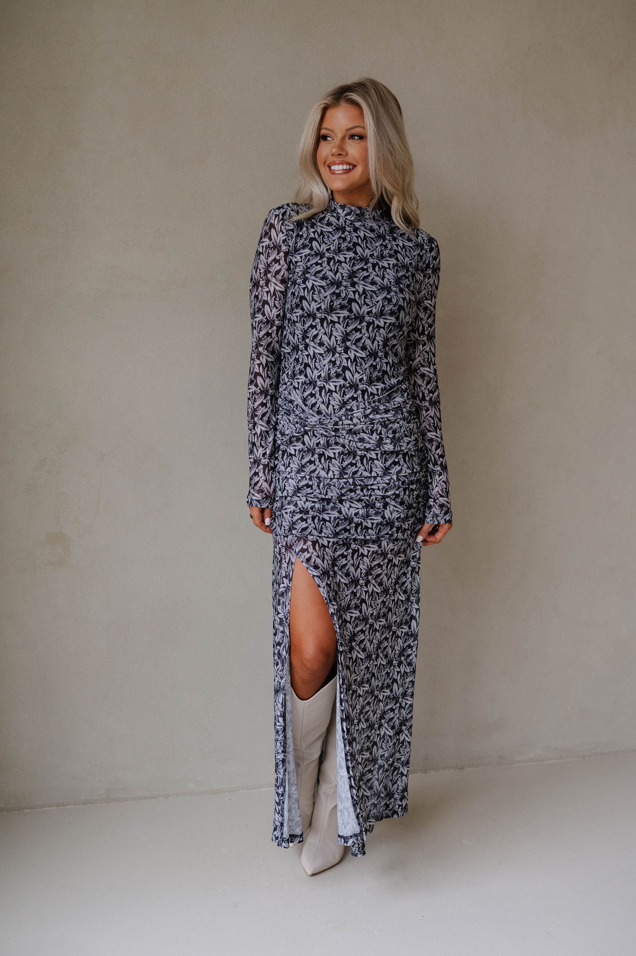 Floral Mesh Ruched Maxi Dress-Black