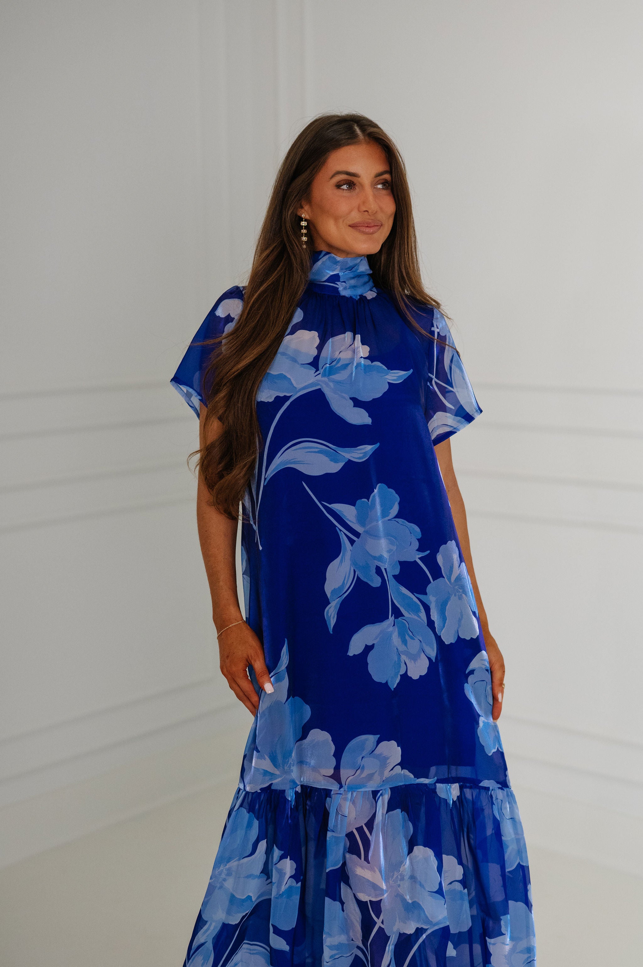 Dime Floral Organza Mockneck Maxi Dress-Navy Blue