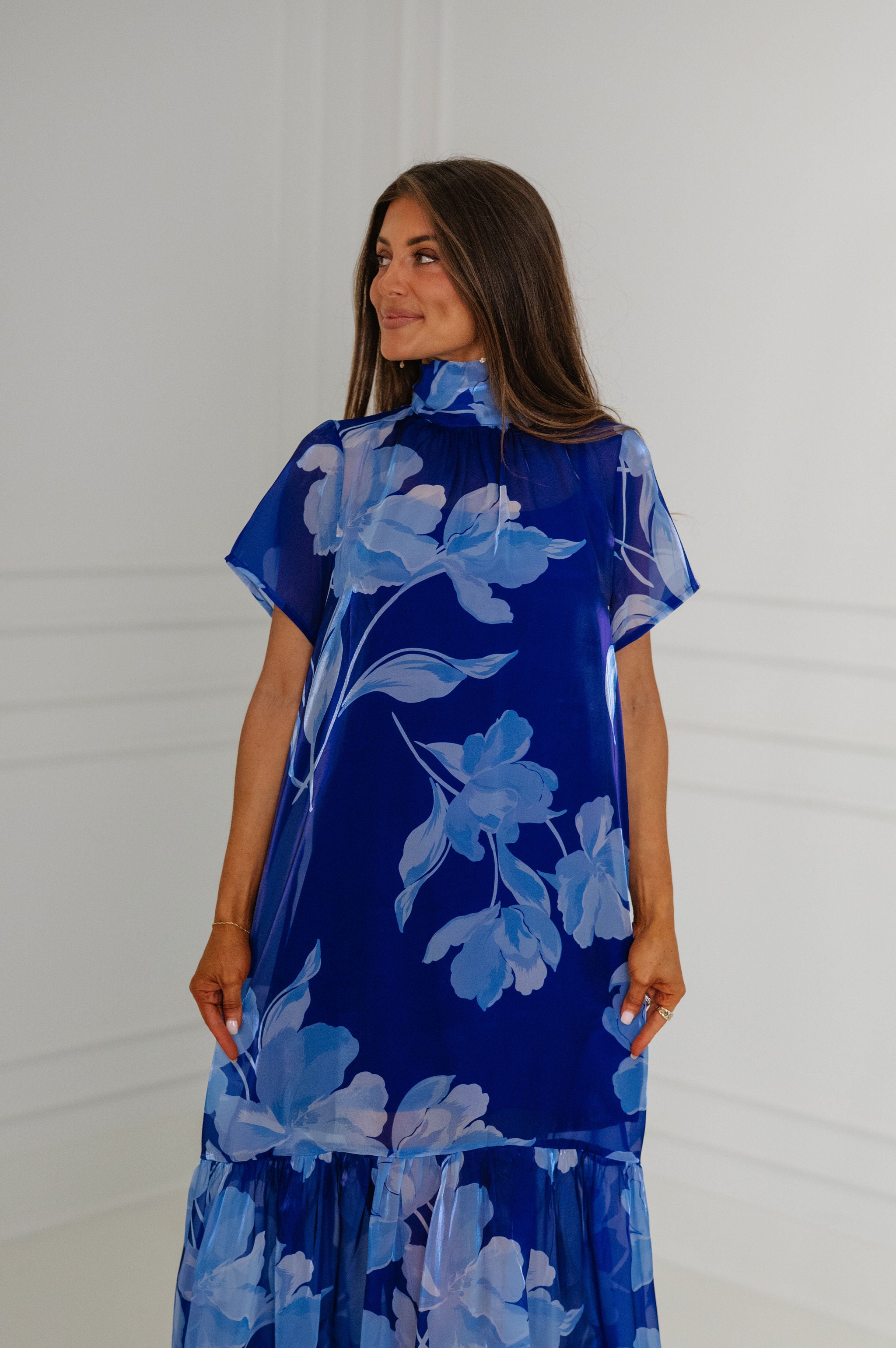 Dime Floral Organza Mockneck Maxi Dress-Navy Blue