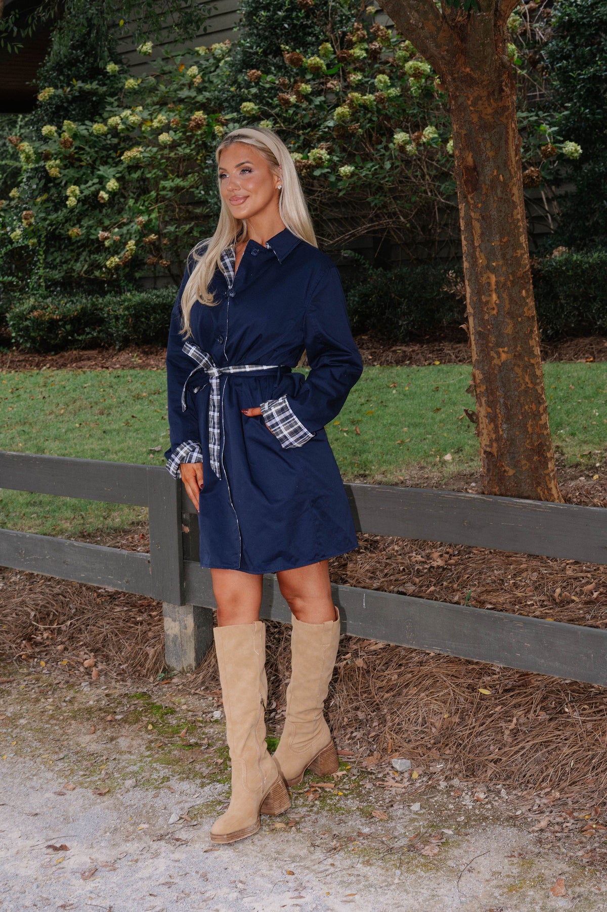 Reversible Plaid Lining Trench Jacket-Navy