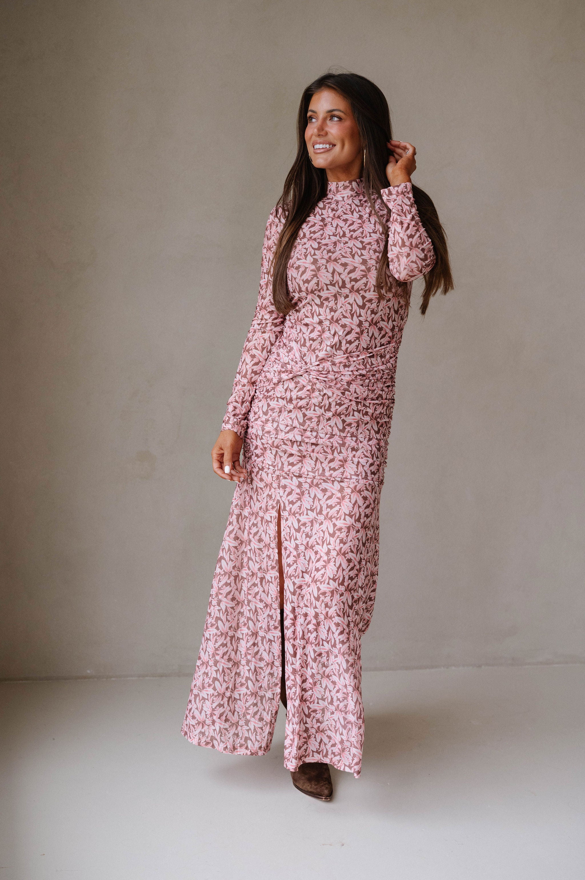 Floral Mesh Ruched Maxi Dress-Brown