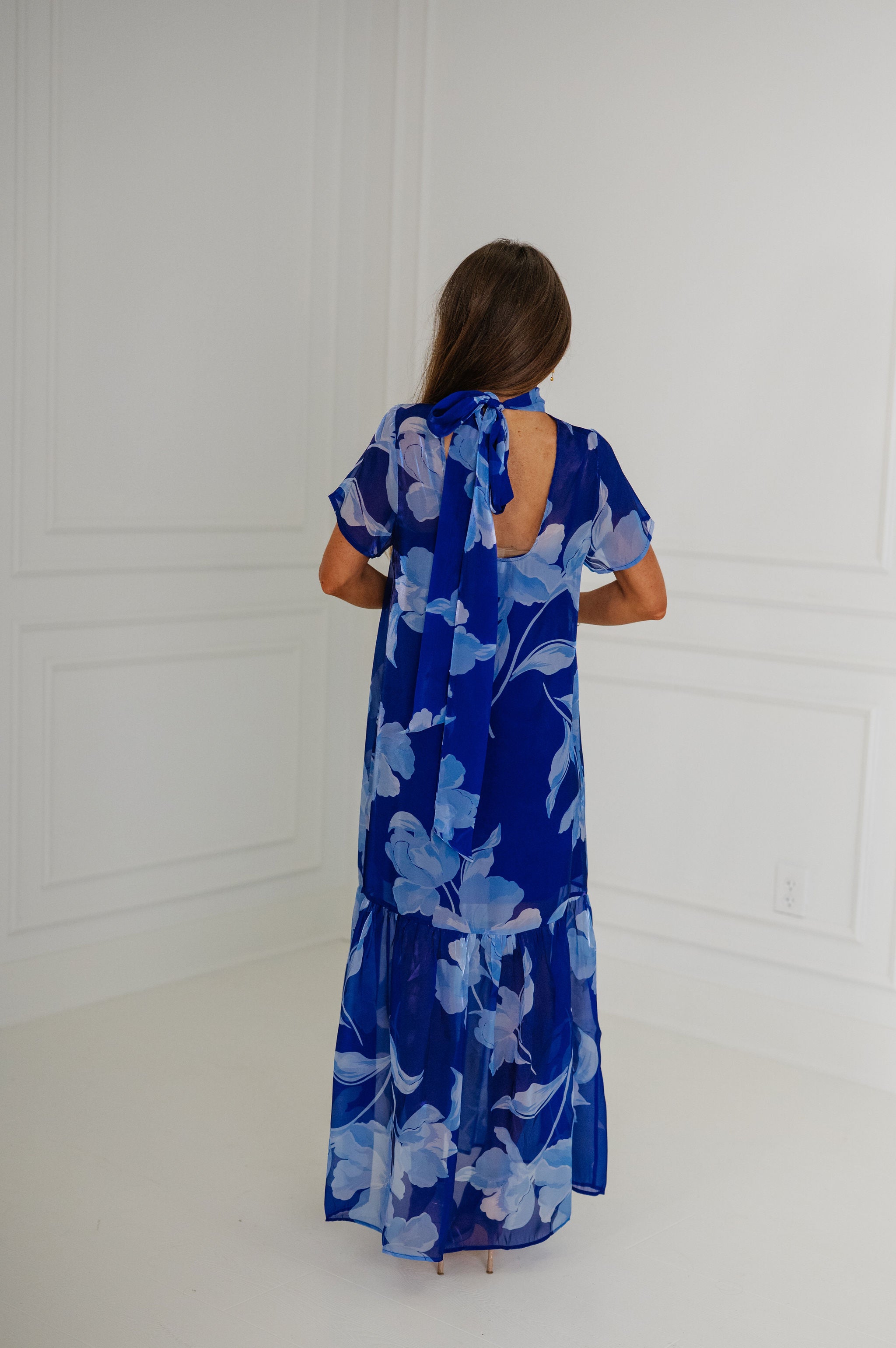 Dime Floral Organza Mockneck Maxi Dress-Navy Blue