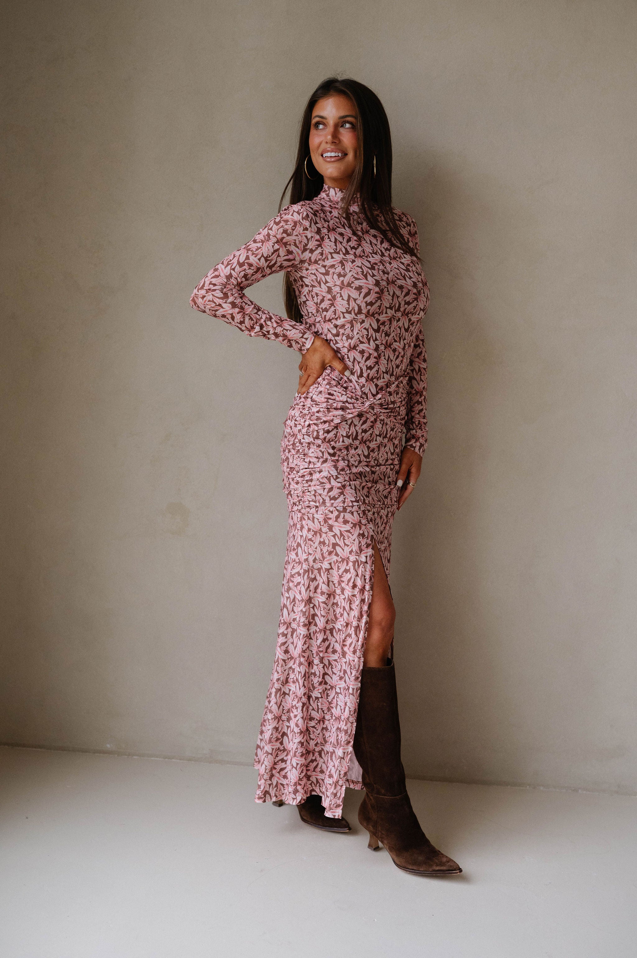Floral Mesh Ruched Maxi Dress-Brown