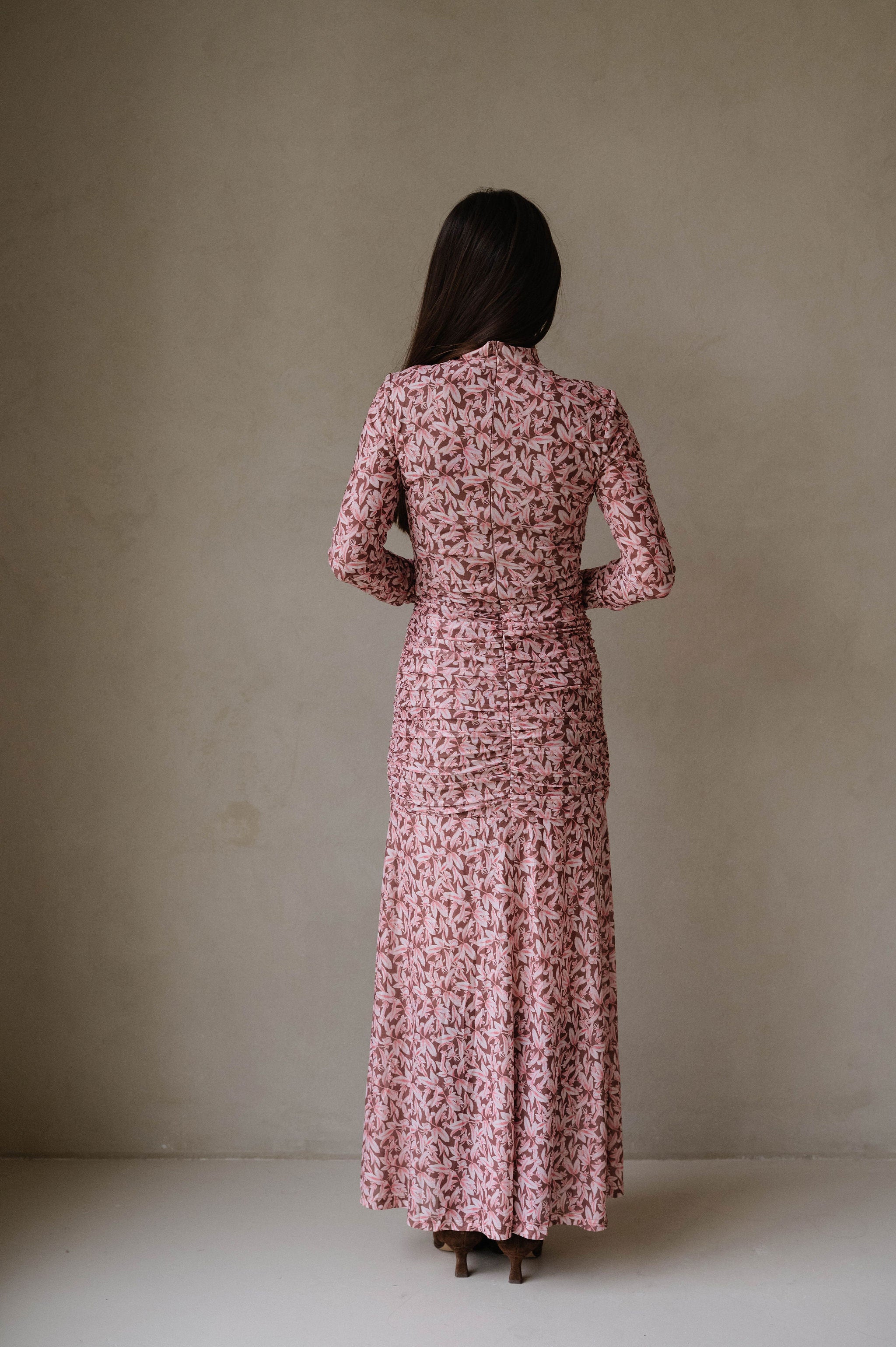 Floral Mesh Ruched Maxi Dress-Brown