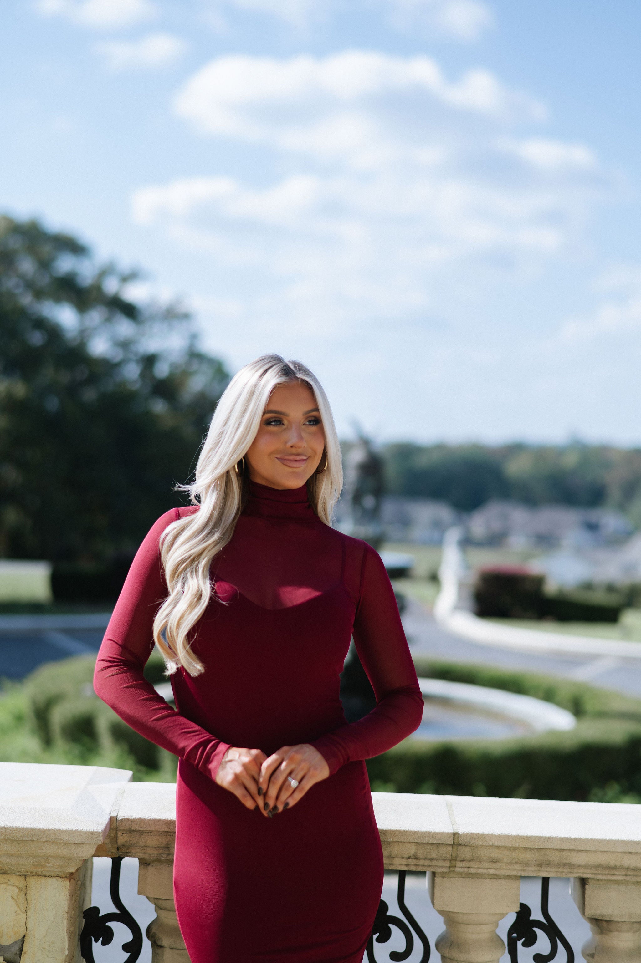 Mock Neck Mesh Midi Dress-Burgundy