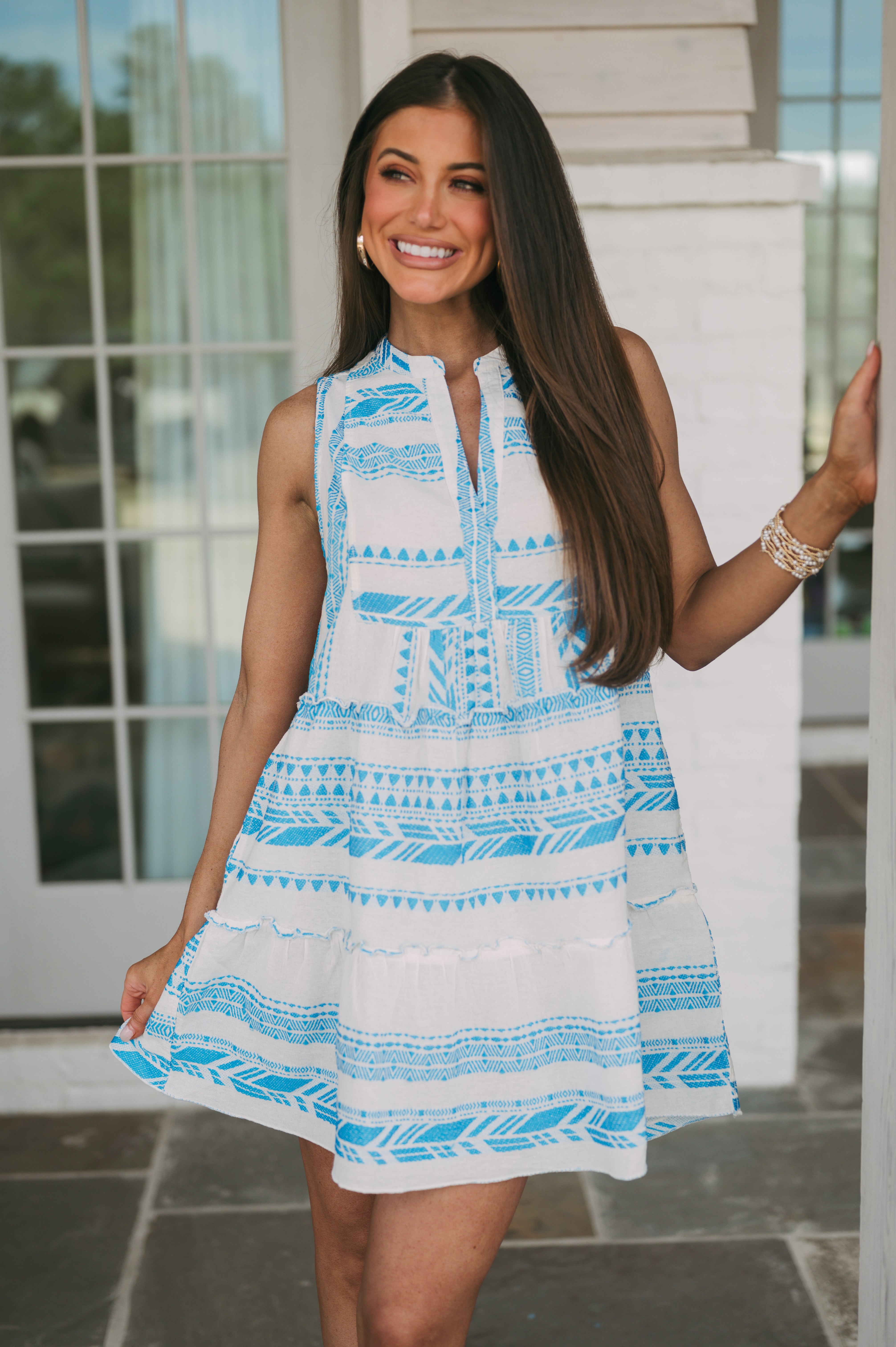 Embroidered Swing Dress- Blue/White