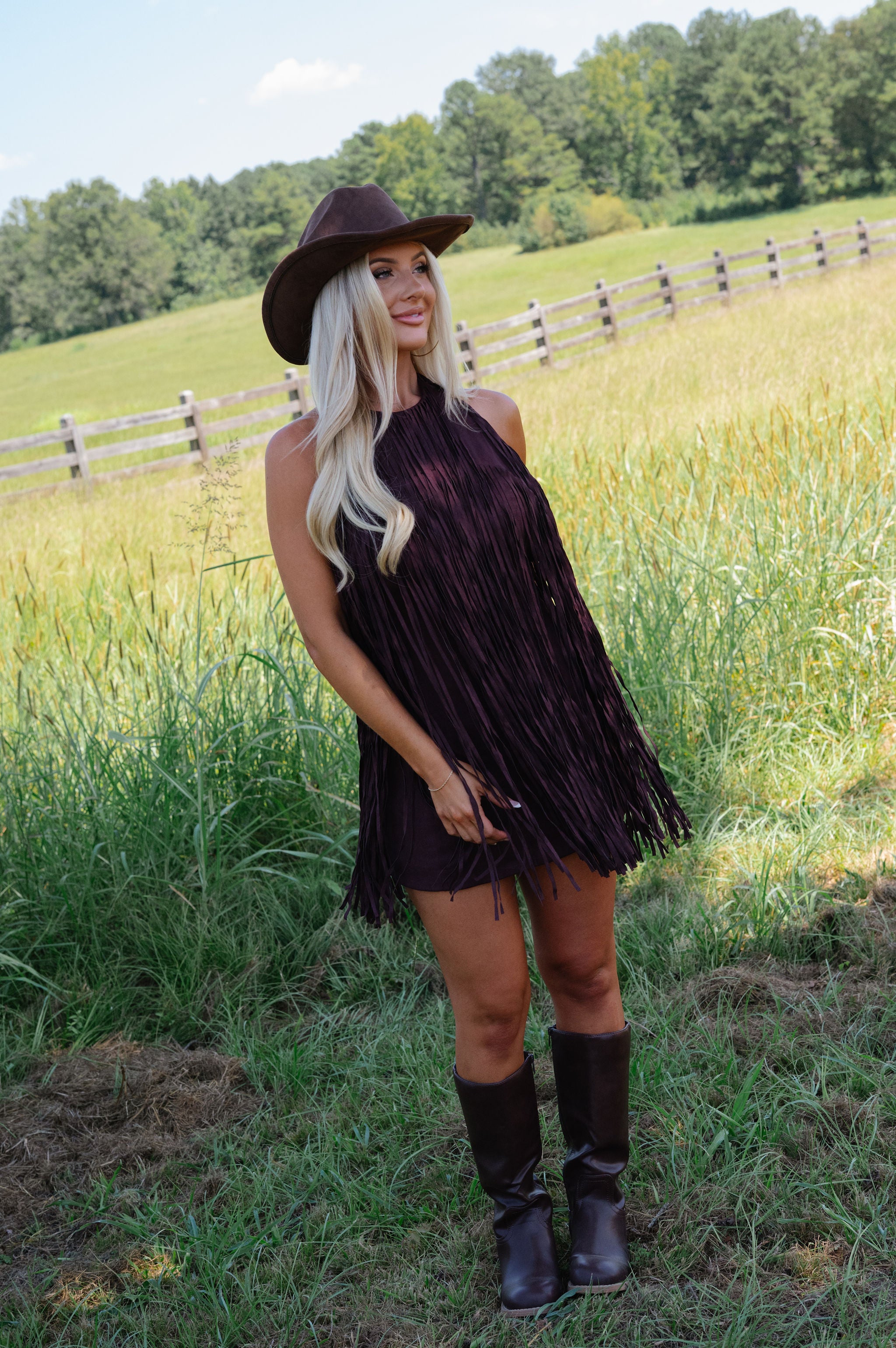 Kai Mini Suede Fringe Dress-Black Cherry