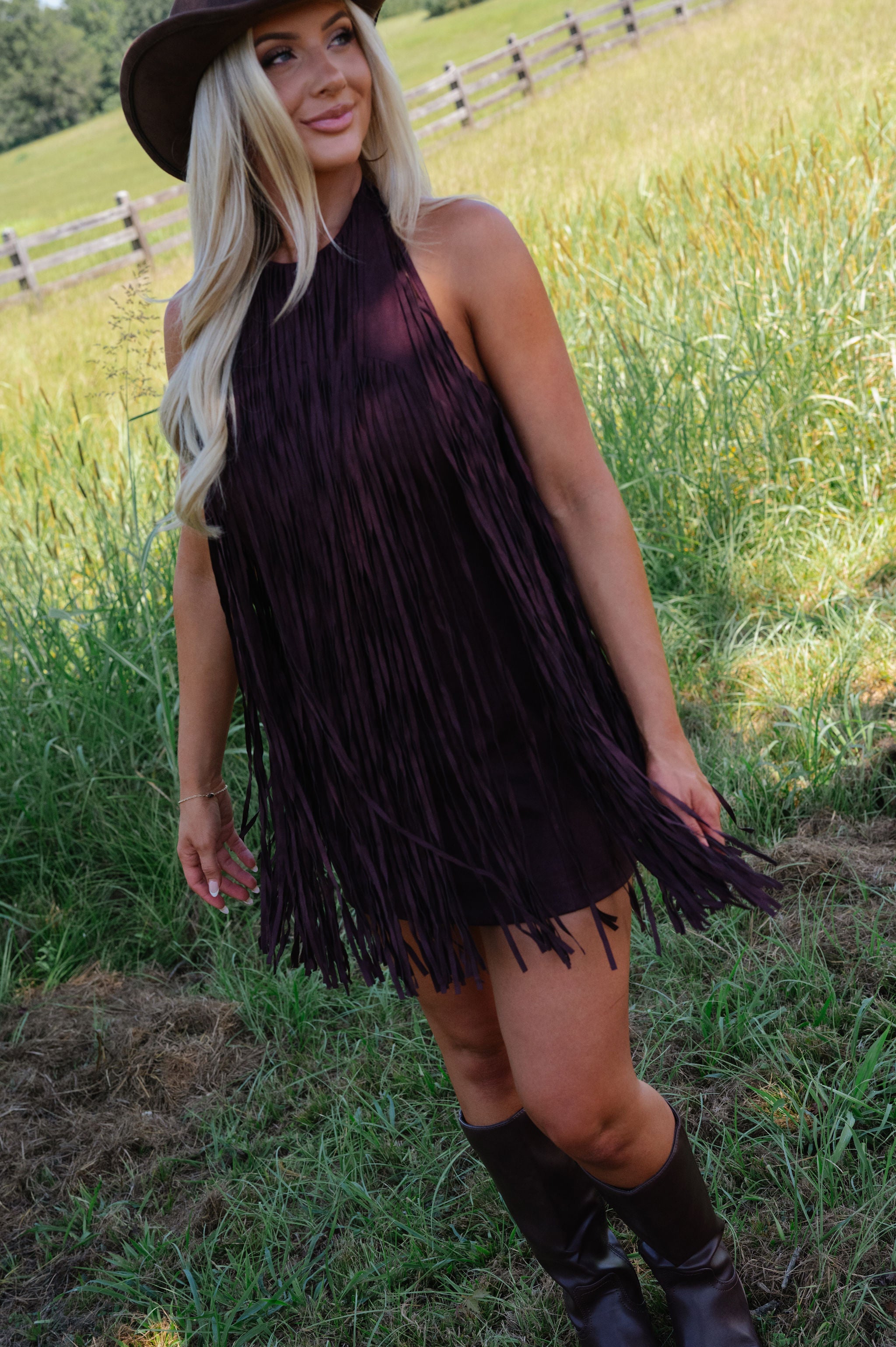 Kai Mini Suede Fringe Dress-Black Cherry